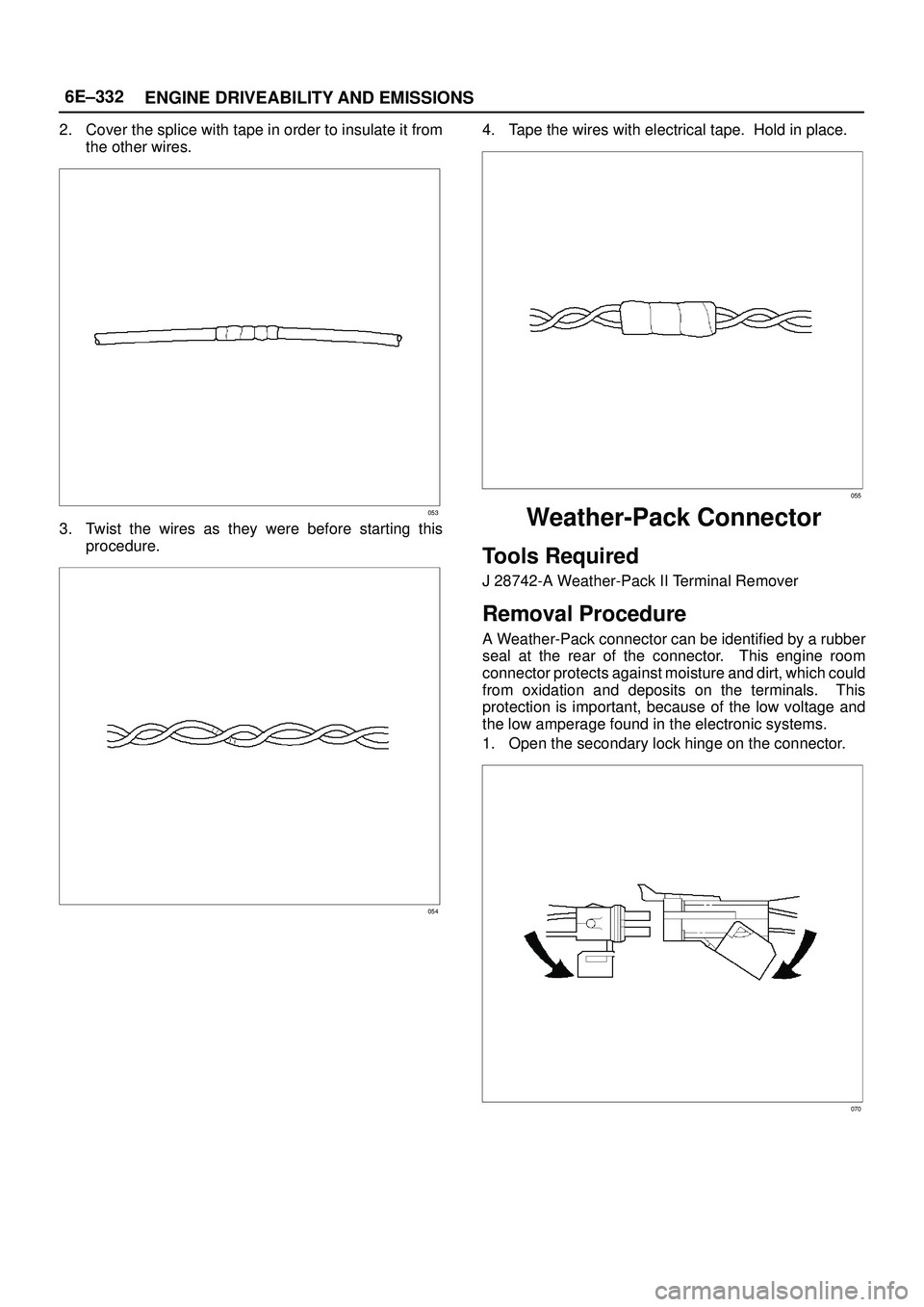 ISUZU TROOPER 1998  Service Repair Manual 6E±332
ENGINE DRIVEABILITY AND EMISSIONS
2. Cover the splice with tape in order to insulate it from
the other wires.
053
3. Twist the wires as they were before starting this
procedure.
054
4. Tape th