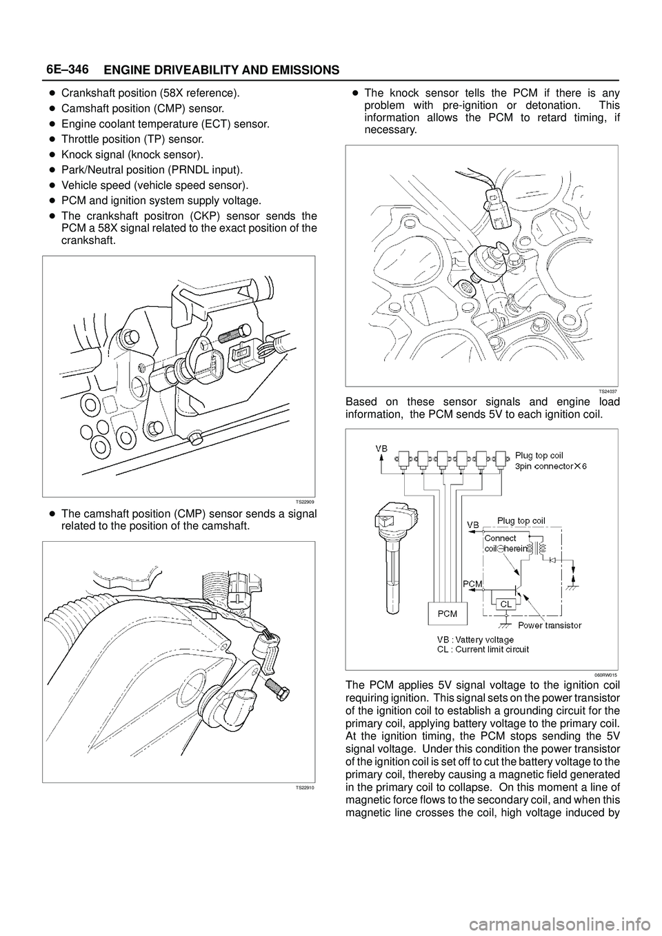 ISUZU TROOPER 1998 Service Repair Manual 6E±346
ENGINE DRIVEABILITY AND EMISSIONS
Crankshaft position (58X reference).
Camshaft position (CMP) sensor.
Engine coolant temperature (ECT) sensor.
Throttle position (TP) sensor.
Knock signal ISUZU TROOPER 1998 Service Repair Manual 6E±346
ENGINE DRIVEABILITY AND EMISSIONS
Crankshaft position (58X reference).
Camshaft position (CMP) sensor.
Engine coolant temperature (ECT) sensor.
Throttle position (TP) sensor.
Knock signal