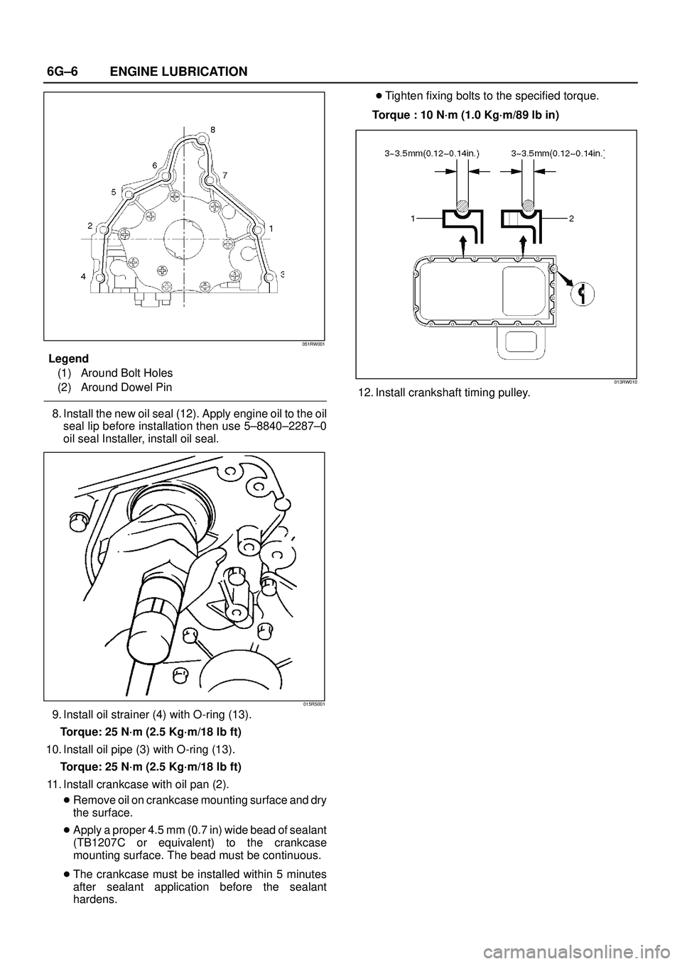 ISUZU TROOPER 1998  Service Repair Manual 6G±6
ENGINE LUBRICATION
051RW001
Legend
(1) Around Bolt Holes
(2) Around Dowel Pin
8. Install the new oil seal (12). Apply engine oil to the oil
seal lip before installation then use 5±8840±2287±0