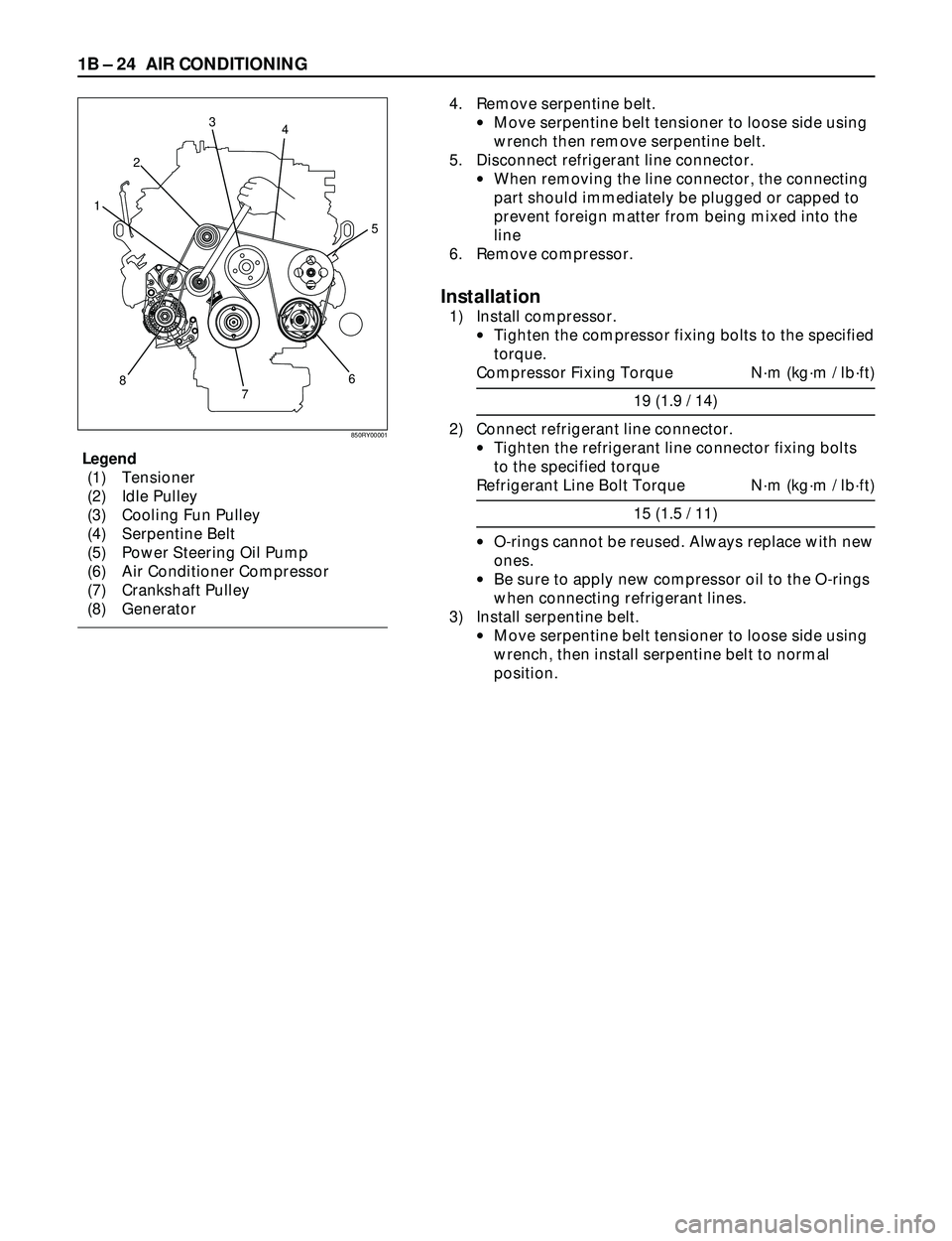 ISUZU TROOPER 1998 Service Repair Manual 1B Ð 24 AIR CONDITIONING
3
4
2
7 86 1
5
4. Remove serpentine belt.
·Move serpentine belt tensioner to loose side using
wrench then remove serpentine belt.
5. Disconnect refrigerant line connector.
ISUZU TROOPER 1998 Service Repair Manual 1B Ð 24 AIR CONDITIONING
3
4
2
7 86 1
5
4. Remove serpentine belt.
·Move serpentine belt tensioner to loose side using
wrench then remove serpentine belt.
5. Disconnect refrigerant line connector.