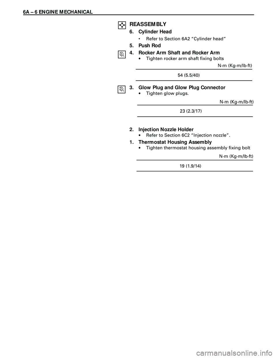 ISUZU TROOPER 1998  Service Repair Manual 6A Ð 6 ENGINE MECHANICAL
REASSEMBLY
6. Cylinder Head
¥ Refer to Section 6A2 ÒCylinder headÓ
5. Push Rod
4. Rocker Arm Shaft and Rocker Arm
·Tighten rocker arm shaft fixing bolts
3. Glow Plug and 