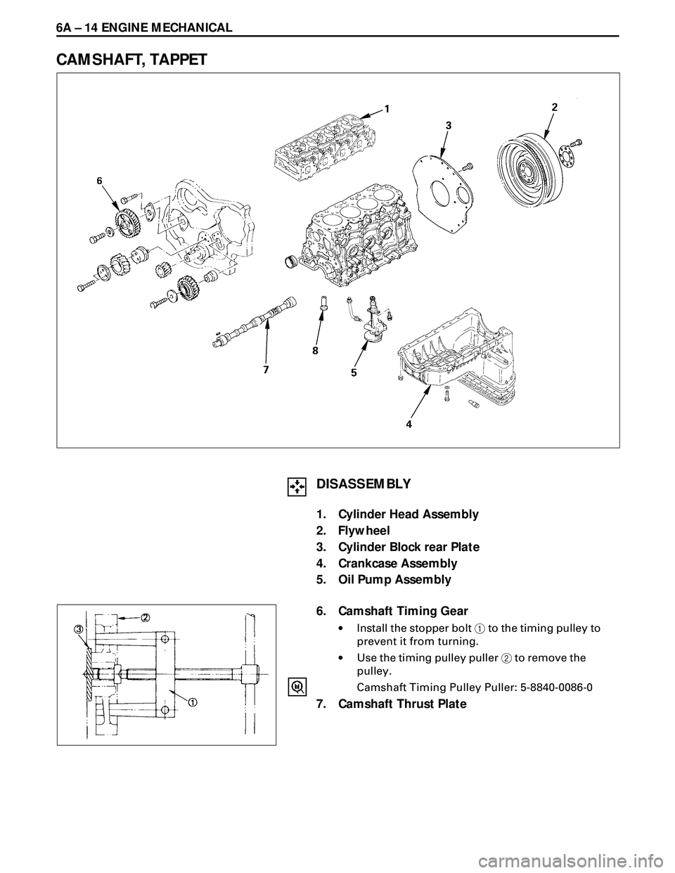 ISUZU TROOPER 1998  Service Repair Manual 6A Ð 14 ENGINE MECHANICAL
CAMSHAFT, TAPPET
6. Camshaft Timing Gear
·Install the stopper bolt 1 to the timing pulley to
prevent it from turning.
·Use the timing pulley puller 2 to remove the
pulley.