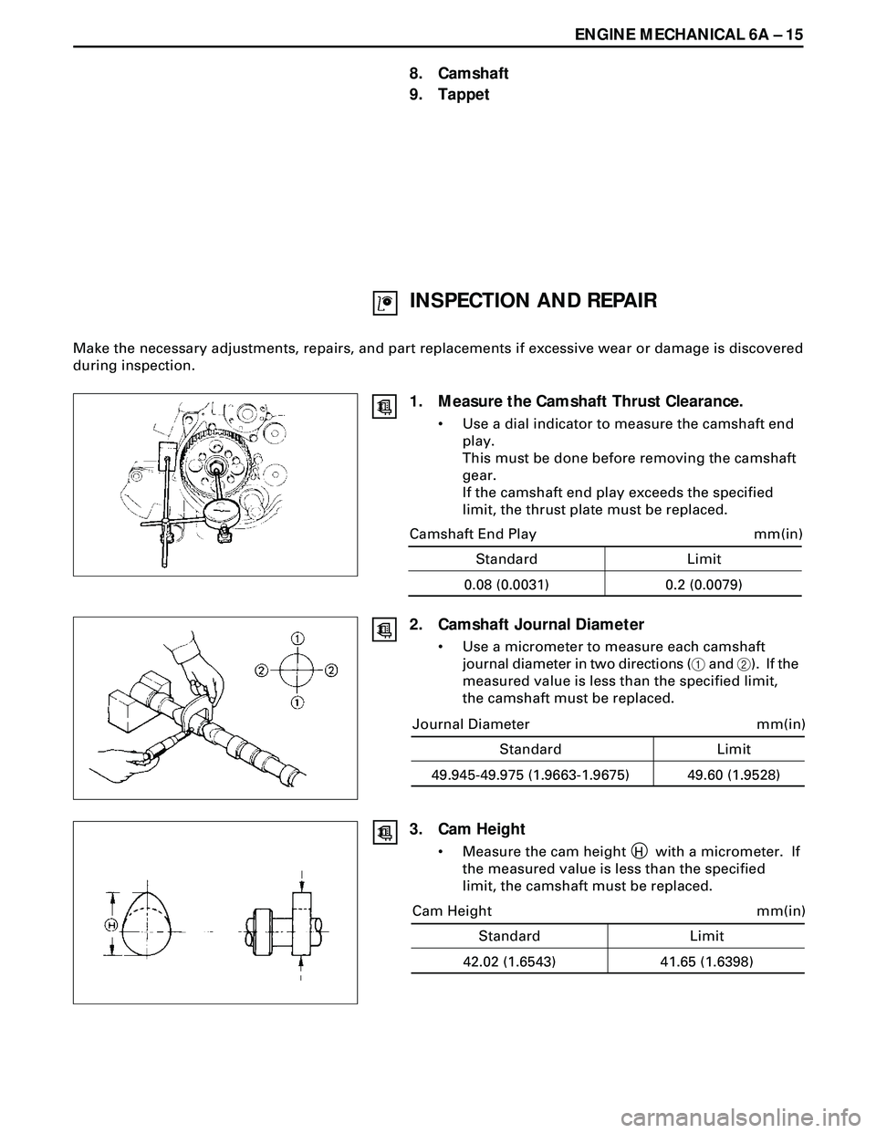 ISUZU TROOPER 1998 Service Repair Manual ENGINE MECHANICAL 6A Ð 15
INSPECTION AND REPAIR
Make the necessary adjustments, repairs, and part replacements if excessive wear or damage is discovered
during inspection.
8. Camshaft
9. Tappet
1. Me ISUZU TROOPER 1998 Service Repair Manual ENGINE MECHANICAL 6A Ð 15
INSPECTION AND REPAIR
Make the necessary adjustments, repairs, and part replacements if excessive wear or damage is discovered
during inspection.
8. Camshaft
9. Tappet
1. Me