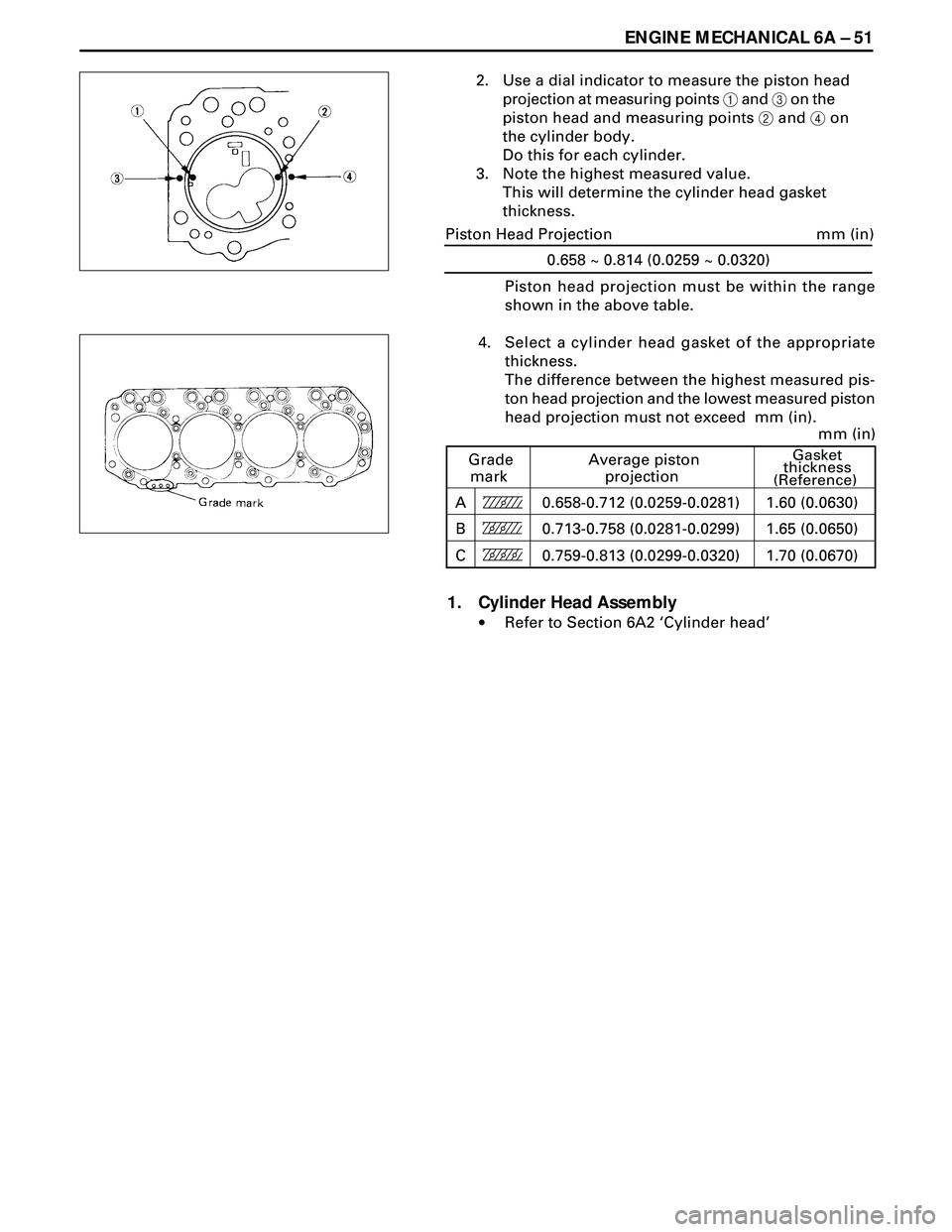 ISUZU TROOPER 1998  Service Repair Manual ENGINE MECHANICAL 6A Ð 51
2. Use a dial indicator to measure the piston head
projection at measuring points 1 and 3 on the
piston head and measuring points 2 and 4 on
the cylinder body.
Do this for e