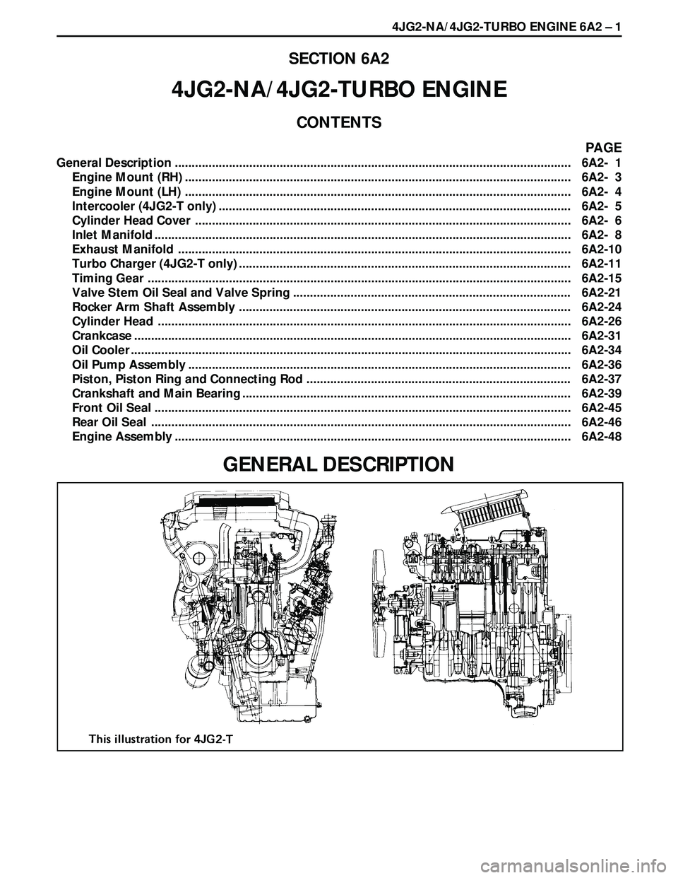 ISUZU TROOPER 1998 Service Repair Manual 4JG2-NA/4JG2-TURBO ENGINE 6A2 Ð 1
SECTION 6A2
4JG2-NA/4JG2-TURBO ENGINE
CONTENTS
PAGE
General Description ........................................................................\
................... ISUZU TROOPER 1998 Service Repair Manual 4JG2-NA/4JG2-TURBO ENGINE 6A2 Ð 1
SECTION 6A2
4JG2-NA/4JG2-TURBO ENGINE
CONTENTS
PAGE
General Description ........................................................................\
...................