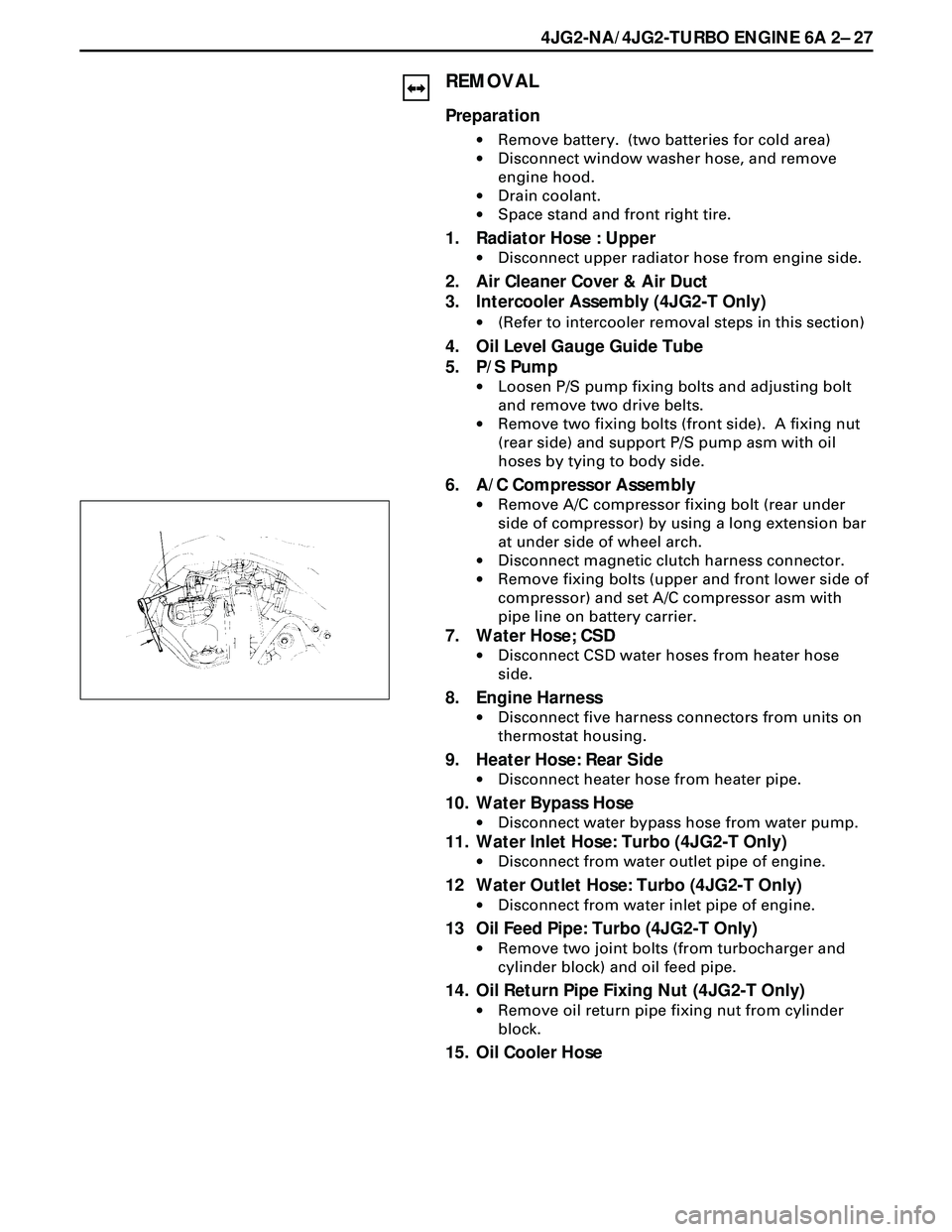 ISUZU TROOPER 1998 Service Repair Manual 4JG2-NA/4JG2-TURBO ENGINE 6A 2Ð 27
REMOVAL
Preparation
·Remove battery. (two batteries for cold area)
·Disconnect window washer hose, and remove
engine hood.
·Drain coolant.
·Space stand and fro ISUZU TROOPER 1998 Service Repair Manual 4JG2-NA/4JG2-TURBO ENGINE 6A 2Ð 27
REMOVAL
Preparation
·Remove battery. (two batteries for cold area)
·Disconnect window washer hose, and remove
engine hood.
·Drain coolant.
·Space stand and fro