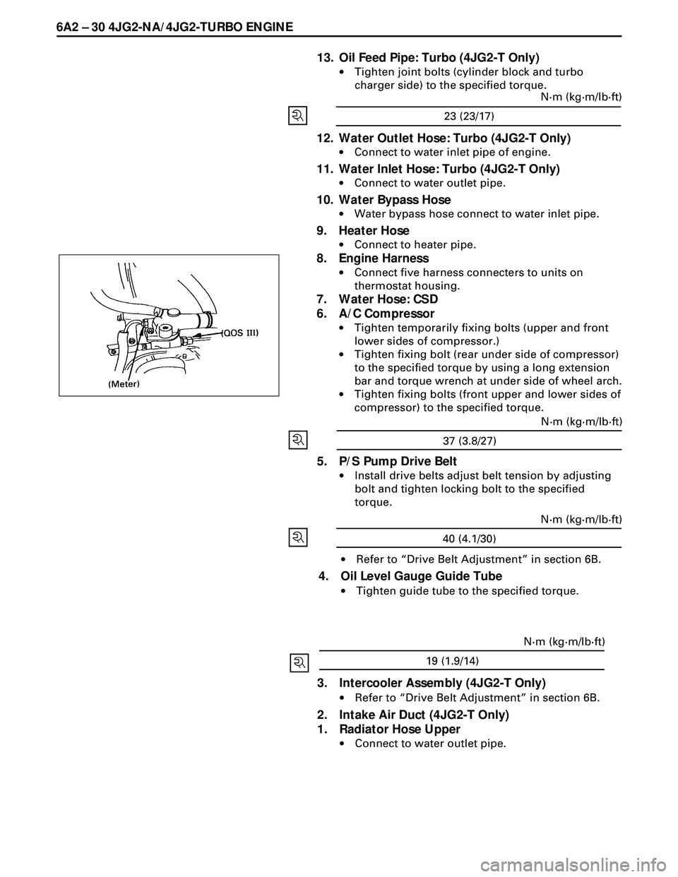 ISUZU TROOPER 1998 Service Repair Manual 6A2 Ð 30 4JG2-NA/4JG2-TURBO ENGINE
13. Oil Feed Pipe: Turbo (4JG2-T Only)
·Tighten joint bolts (cylinder block and turbo
charger side) to the specified torque.
12. Water Outlet Hose: Turbo (4JG2-T O ISUZU TROOPER 1998 Service Repair Manual 6A2 Ð 30 4JG2-NA/4JG2-TURBO ENGINE
13. Oil Feed Pipe: Turbo (4JG2-T Only)
·Tighten joint bolts (cylinder block and turbo
charger side) to the specified torque.
12. Water Outlet Hose: Turbo (4JG2-T O