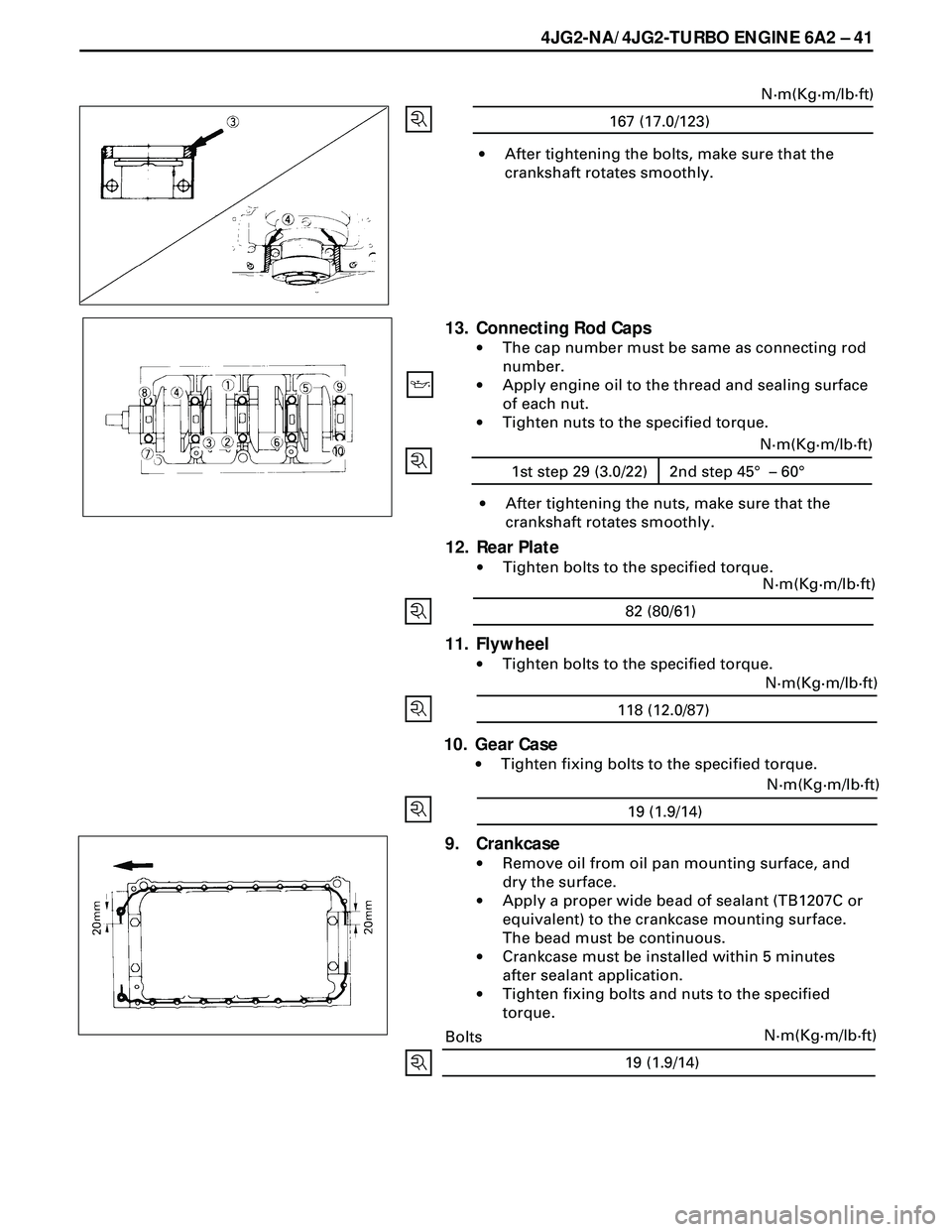 ISUZU TROOPER 1998 Service Repair Manual 4JG2-NA/4JG2-TURBO ENGINE 6A2 Ð 41
19 (1.9/14)N·m(Kg·m/lb·ft)
·After tightening the bolts, make sure that the
crankshaft rotates smoothly.
167 (17.0/123)N·m(Kg·m/lb·ft)
13. Connecting Rod Caps ISUZU TROOPER 1998 Service Repair Manual 4JG2-NA/4JG2-TURBO ENGINE 6A2 Ð 41
19 (1.9/14)N·m(Kg·m/lb·ft)
·After tightening the bolts, make sure that the
crankshaft rotates smoothly.
167 (17.0/123)N·m(Kg·m/lb·ft)
13. Connecting Rod Caps