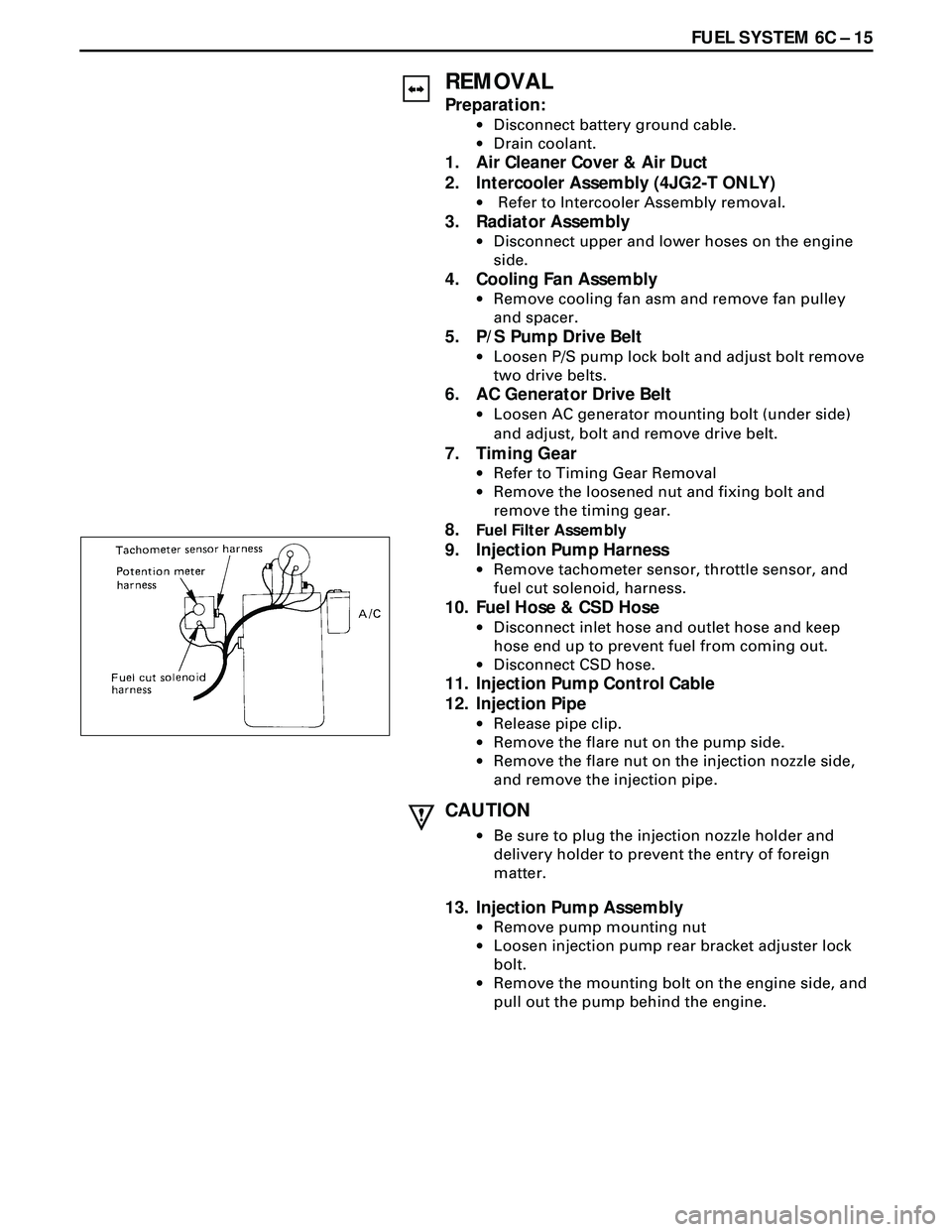ISUZU TROOPER 1998 Service Repair Manual FUEL SYSTEM 6C Ð 15
REMOVAL
Preparation:
·Disconnect battery ground cable.
·Drain coolant.
1. Air Cleaner Cover & Air Duct
2. Intercooler Assembly (4JG2-T ONLY)
· Refer to Intercooler Assembly rem ISUZU TROOPER 1998 Service Repair Manual FUEL SYSTEM 6C Ð 15
REMOVAL
Preparation:
·Disconnect battery ground cable.
·Drain coolant.
1. Air Cleaner Cover & Air Duct
2. Intercooler Assembly (4JG2-T ONLY)
· Refer to Intercooler Assembly rem