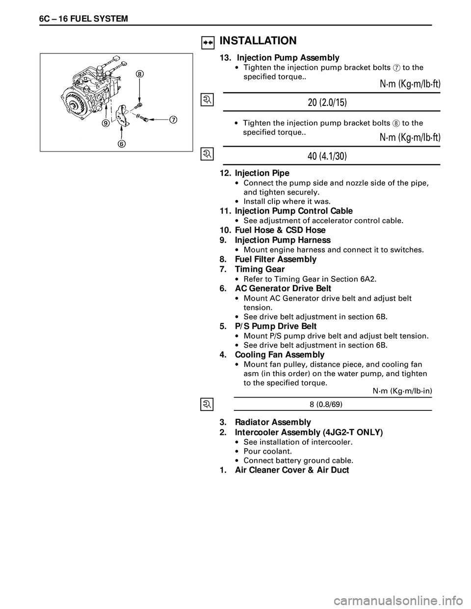 ISUZU TROOPER 1998 Service Repair Manual 6C Ð 16 FUEL SYSTEM
20 (2.0/15)N·m (Kg·m/lb·ft)
·Tighten the injection pump bracket bolts 8 to the
specified torque..
40 (4.1/30)N·m (Kg·m/lb·ft)
12. Injection Pipe
·Connect the pump side and ISUZU TROOPER 1998 Service Repair Manual 6C Ð 16 FUEL SYSTEM
20 (2.0/15)N·m (Kg·m/lb·ft)
·Tighten the injection pump bracket bolts 8 to the
specified torque..
40 (4.1/30)N·m (Kg·m/lb·ft)
12. Injection Pipe
·Connect the pump side and