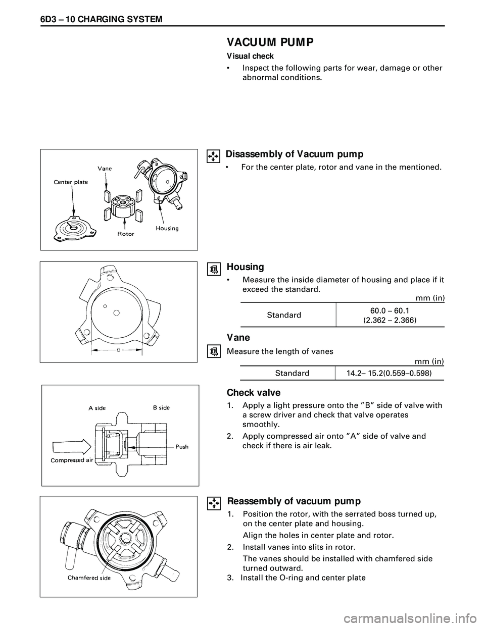 ISUZU TROOPER 1998  Service Repair Manual 6D3 Ð 10 CHARGING SYSTEM
VACUUM PUMP
Visual check
¥ Inspect the following parts for wear, damage or other
abnormal conditions.
Standard60.0 – 60.1
(2.362 – 2.366)mm (in)
Vane
Measure the length 