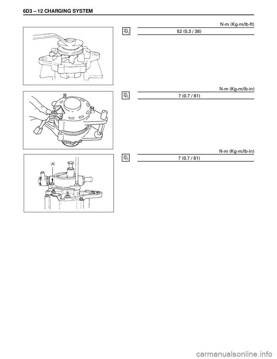 ISUZU TROOPER 1998  Service Repair Manual 6D3 Ð 12 CHARGING SYSTEM
52 (5.3 / 38)N·m (Kg·m/lb·ft)
7 (0.7 / 61)N·m (Kg·m/lb·in)
7 (0.7 / 61)N·m (Kg·m/lb·in) 