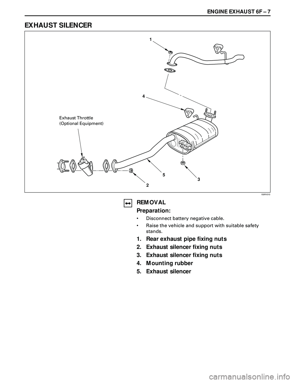 ISUZU TROOPER 1998  Service Repair Manual  ENGINE EXHAUST 6F Ð 7
EXHAUST SILENCER
REMOVAL
Preparation:
¥ Disconnect battery negative cable.
¥ Raise the vehicle and support with suitable safety
stands.
1. Rear exhaust pipe fixing nuts
2. Ex