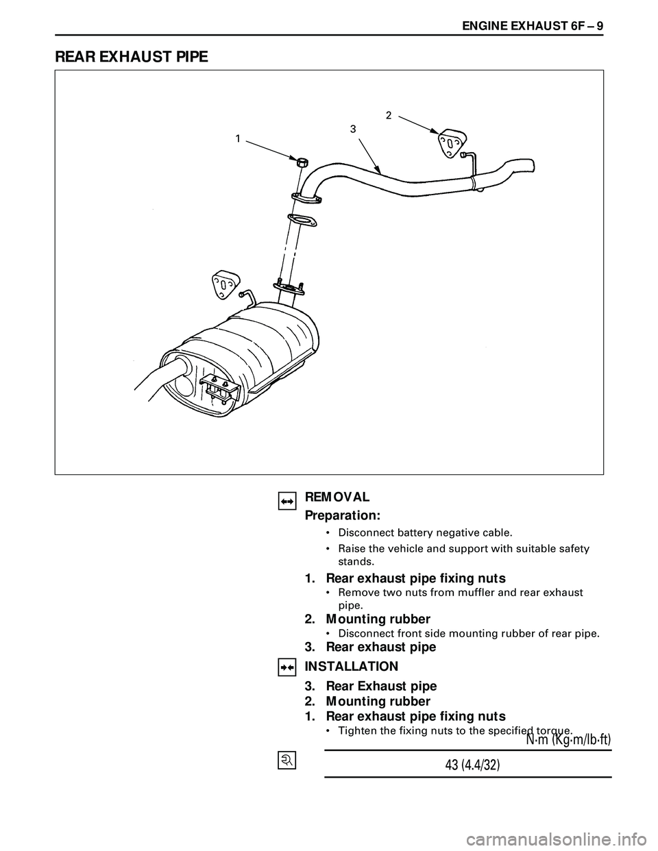 ISUZU TROOPER 1998  Service Repair Manual  ENGINE EXHAUST 6F Ð 9
REAR EXHAUST PIPE
REMOVAL
Preparation:
¥ Disconnect battery negative cable.
¥ Raise the vehicle and support with suitable safety
stands.
1. Rear exhaust pipe fixing nuts
¥ R
