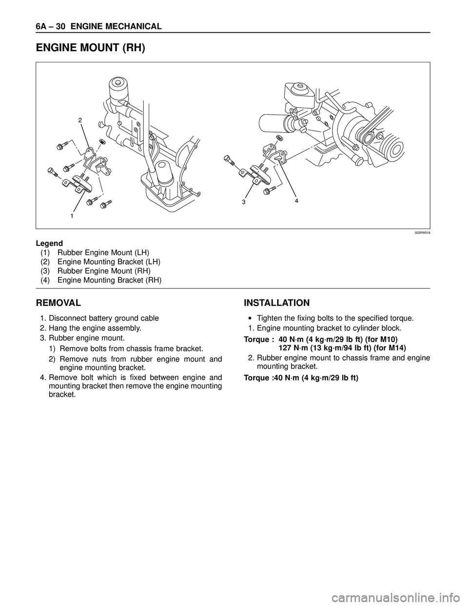 ISUZU TROOPER 1998  Service Repair Manual 6A – 30 ENGINE MECHANICAL
ENGINE MOUNT (RH)
REMOVAL
1. Disconnect battery ground cable
2. Hang the engine assembly.
3. Rubber engine mount.
1) Remove bolts from chassis frame bracket.
2) Remove nuts
