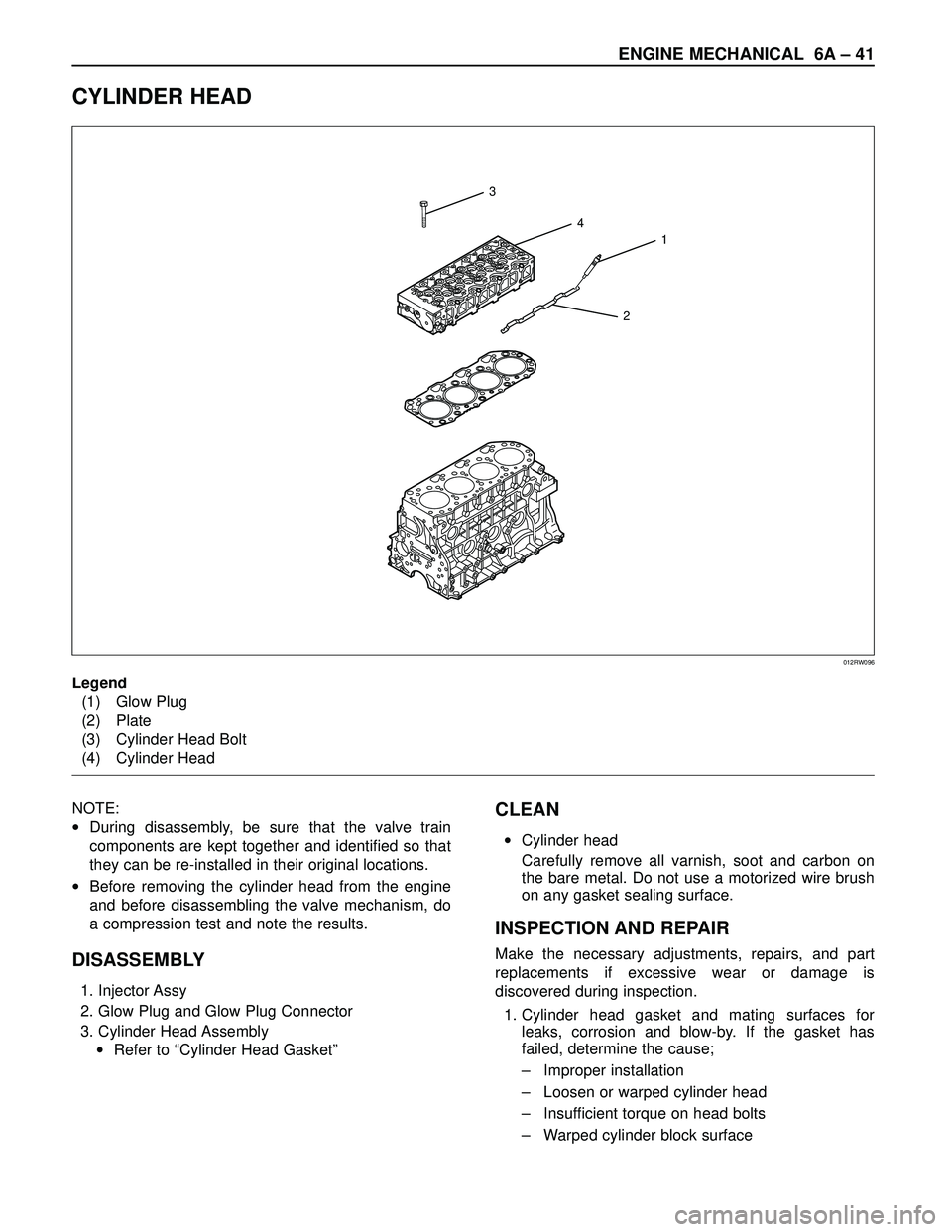 ISUZU TROOPER 1998 Service Repair Manual ENGINE MECHANICAL 6A – 41
CYLINDER HEAD
3
4
1
2
012RW096
Legend
(1) Glow Plug
(2) Plate
(3) Cylinder Head Bolt
(4) Cylinder Head
NOTE:
•During disassembly, be sure that the valve train
components ISUZU TROOPER 1998 Service Repair Manual ENGINE MECHANICAL 6A – 41
CYLINDER HEAD
3
4
1
2
012RW096
Legend
(1) Glow Plug
(2) Plate
(3) Cylinder Head Bolt
(4) Cylinder Head
NOTE:
•During disassembly, be sure that the valve train
components