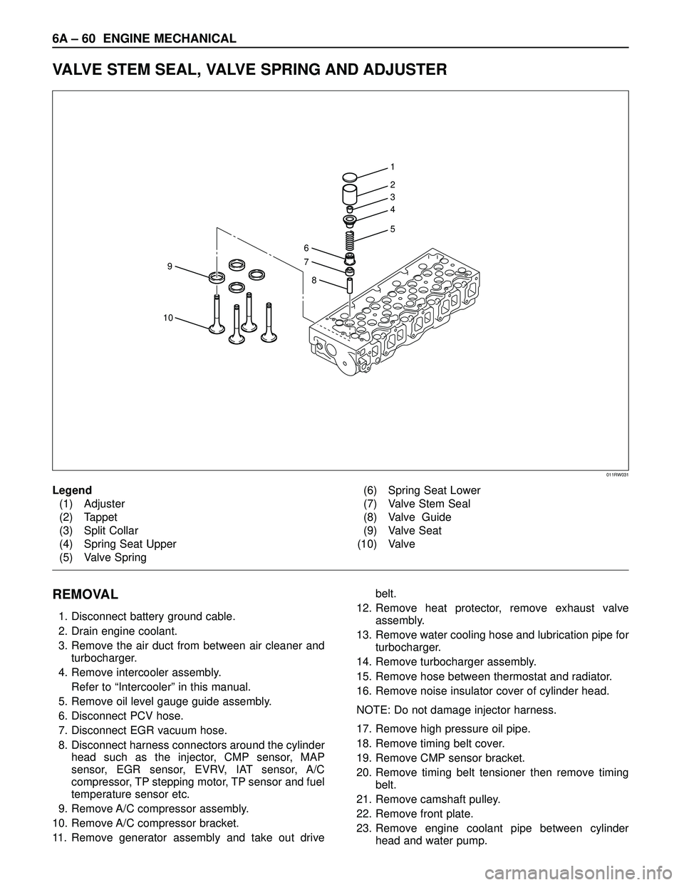 ISUZU TROOPER 1998 Service Repair Manual 6A – 60 ENGINE MECHANICAL
VALVE STEM SEAL, VALVE SPRING AND ADJUSTER
REMOVAL
1. Disconnect battery ground cable.
2. Drain engine coolant.
3. Remove the air duct from between air cleaner and
turbocha ISUZU TROOPER 1998 Service Repair Manual 6A – 60 ENGINE MECHANICAL
VALVE STEM SEAL, VALVE SPRING AND ADJUSTER
REMOVAL
1. Disconnect battery ground cable.
2. Drain engine coolant.
3. Remove the air duct from between air cleaner and
turbocha