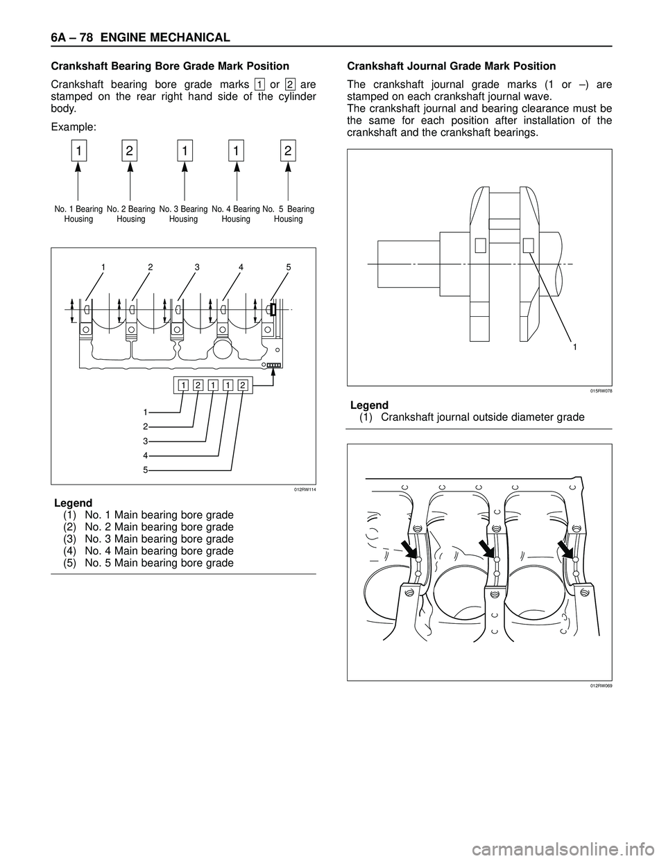ISUZU TROOPER 1998  Service Repair Manual 6A– 78 ENGINE MECHANICAL
Crankshaft Bearing Bore Grade Mark Position
Crankshaft bearing bore grade marks 
1or 2are
stamped on the rear right hand side of the cylinder
body.
Example:
No. 1 Bearing No