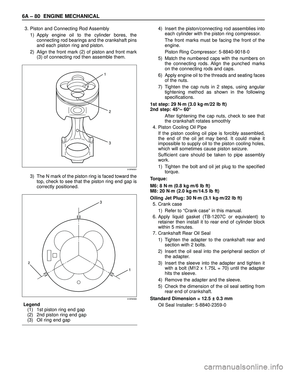 ISUZU TROOPER 1998  Service Repair Manual 6A– 80 ENGINE MECHANICAL
3. Piston and Connecting Rod Assembly
1) Apply engine oil to the cylinder bores, the
connecting rod bearings and the crankshaft pins
and each piston ring and piston.
2) Alig