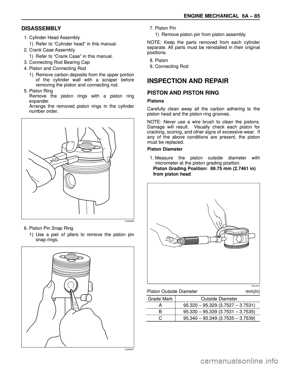 ISUZU TROOPER 1998 Service Repair Manual ENGINE MECHANICAL 6A– 85
DISASSEMBLY
1. Cylinder Head Assembly
1) Refer to “Cylinder head” in this manual.
2. Crank Case Assembly
1) Refer to “Crank Case” in this manual.
3. Connecting Rod B ISUZU TROOPER 1998 Service Repair Manual ENGINE MECHANICAL 6A– 85
DISASSEMBLY
1. Cylinder Head Assembly
1) Refer to “Cylinder head” in this manual.
2. Crank Case Assembly
1) Refer to “Crank Case” in this manual.
3. Connecting Rod B