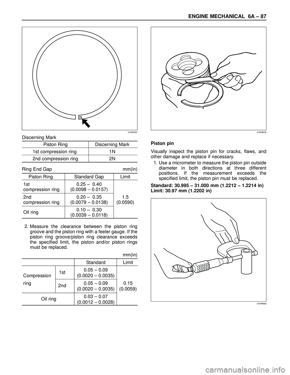 ISUZU TROOPER 1998 Service Repair Manual ENGINE MECHANICAL 6A– 87
Discerning Mark
Piston Ring Discerning Mark
1st compression ring 1N
2nd compression ring 2N
Ring End Gap mm(in)
Piston Ring Standard Gap Limit
1st 0.25 –0.40
compression r ISUZU TROOPER 1998 Service Repair Manual ENGINE MECHANICAL 6A– 87
Discerning Mark
Piston Ring Discerning Mark
1st compression ring 1N
2nd compression ring 2N
Ring End Gap mm(in)
Piston Ring Standard Gap Limit
1st 0.25 –0.40
compression r