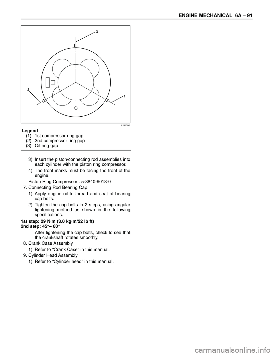 ISUZU TROOPER 1998  Service Repair Manual ENGINE MECHANICAL 6A– 91
Legend
(1) 1st compressor ring gap
(2) 2nd compressor ring gap
(3) Oil ring gap
3) Insert the piston/connecting rod assemblies into
each cylinder with the piston ring compre
