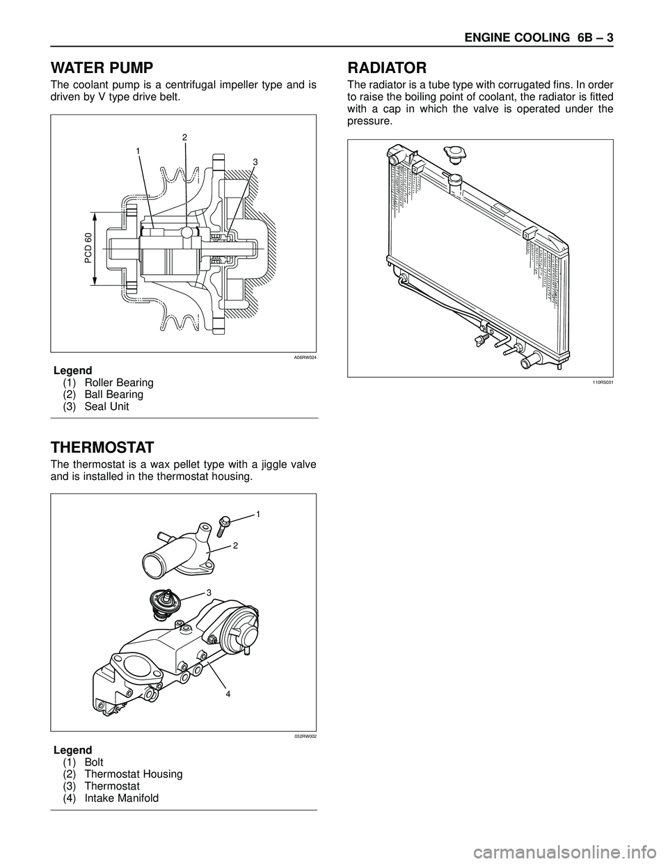 ISUZU TROOPER 1998  Service Repair Manual ENGINE COOLING  6B – 3
WATER PUMP
The coolant pump is a centrifugal impeller type and is
driven by V type drive belt.
Legend
(1) Roller Bearing
(2) Ball Bearing
(3) Seal Unit
THERMOSTAT
The thermost