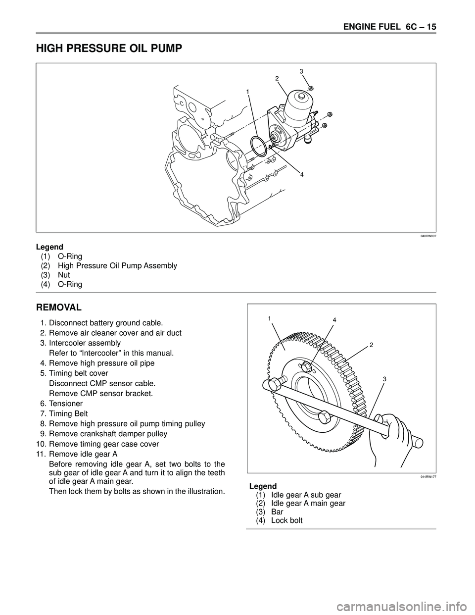 ISUZU TROOPER 1998  Service Repair Manual ENGINE FUEL 6C – 15
HIGH PRESSURE OIL PUMP
REMOVAL
1. Disconnect battery ground cable.
2. Remove air cleaner cover and air duct
3. Intercooler assembly
Refer to “Intercooler” in this manual.
4. 