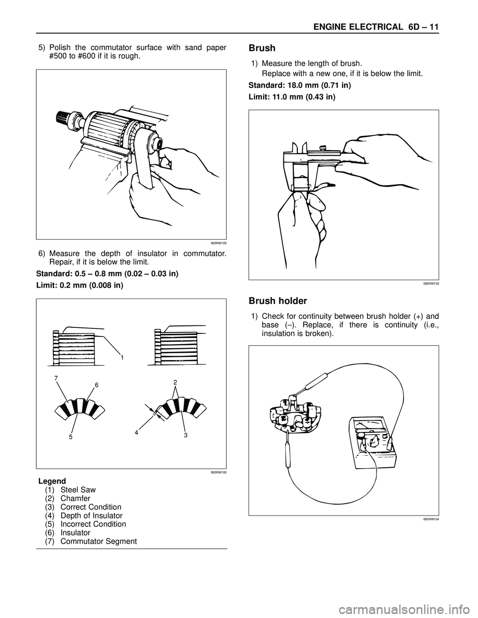 ISUZU TROOPER 1998  Service Repair Manual ENGINE ELECTRICAL 6D – 11
5) Polish the commutator surface with sand paper
#500 to #600 if it is rough.
6) Measure the depth of insulator in commutator.
Repair, if it is below the limit.
Standard: 0