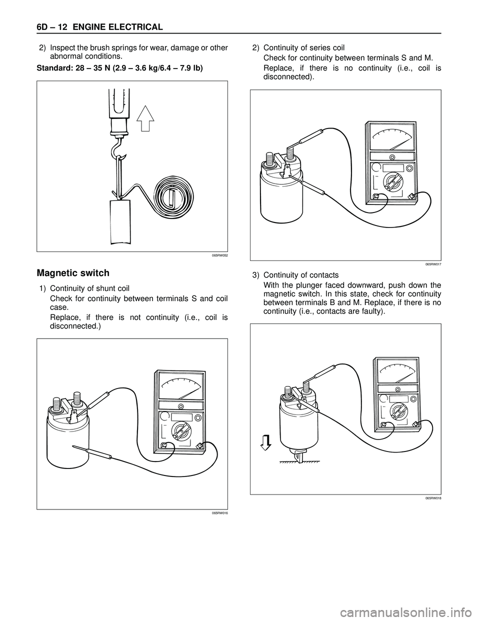 ISUZU TROOPER 1998  Service Repair Manual 6D – 12 ENGINE ELECTRICAL
2) Inspect the brush springs for wear, damage or other
abnormal conditions.
Standard: 28 – 35 N (2.9 – 3.6 kg/6.4 – 7.9 lb)
Magnetic switch
1) Continuity of shunt coi