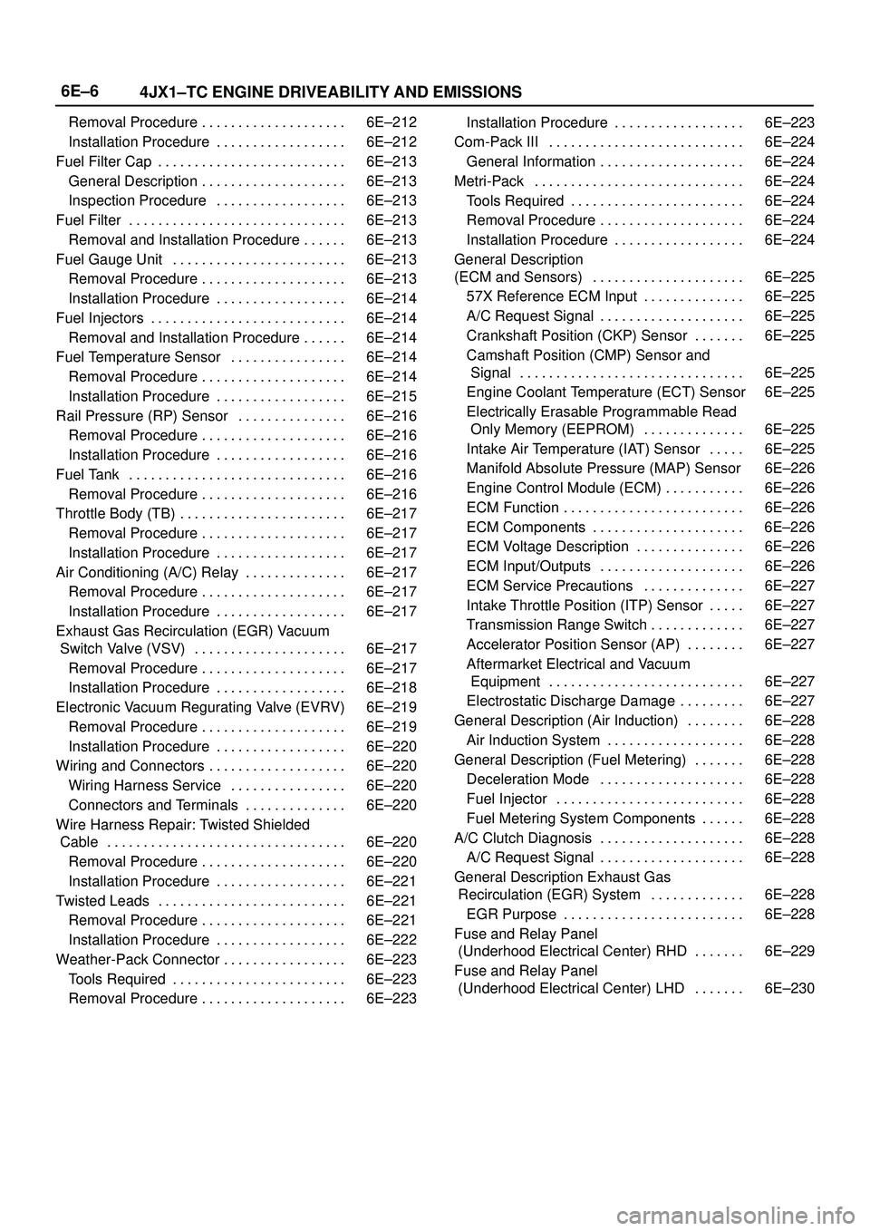 ISUZU TROOPER 1998 Service Repair Manual 6E±6
4JX1±TC ENGINE DRIVEABILITY AND EMISSIONS
Removal Procedure 6E±212. . . . . . . . . . . . . . . . . . . .
Installation Procedure 6E±212. . . . . . . . . . . . . . . . . .
Fuel Filter Cap 6E ISUZU TROOPER 1998 Service Repair Manual 6E±6
4JX1±TC ENGINE DRIVEABILITY AND EMISSIONS
Removal Procedure 6E±212. . . . . . . . . . . . . . . . . . . .
Installation Procedure 6E±212. . . . . . . . . . . . . . . . . .
Fuel Filter Cap 6E