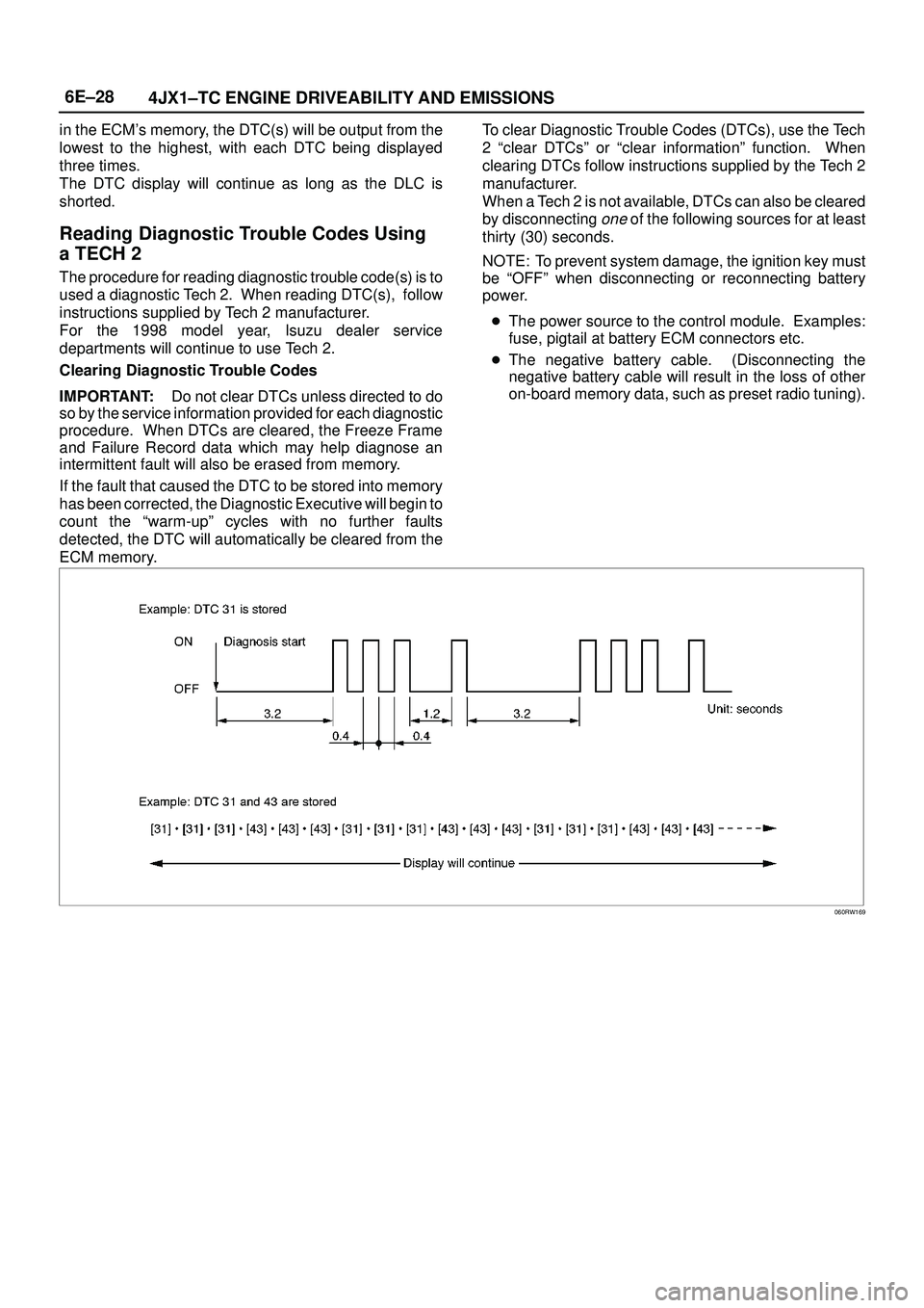 ISUZU TROOPER 1998 Service Repair Manual 6E±28
4JX1±TC ENGINE DRIVEABILITY AND EMISSIONS
in the ECMs memory, the DTC(s) will be output from the
lowest to the highest, with each DTC being displayed
three times.
The DTC display will continu ISUZU TROOPER 1998 Service Repair Manual 6E±28
4JX1±TC ENGINE DRIVEABILITY AND EMISSIONS
in the ECMs memory, the DTC(s) will be output from the
lowest to the highest, with each DTC being displayed
three times.
The DTC display will continu
