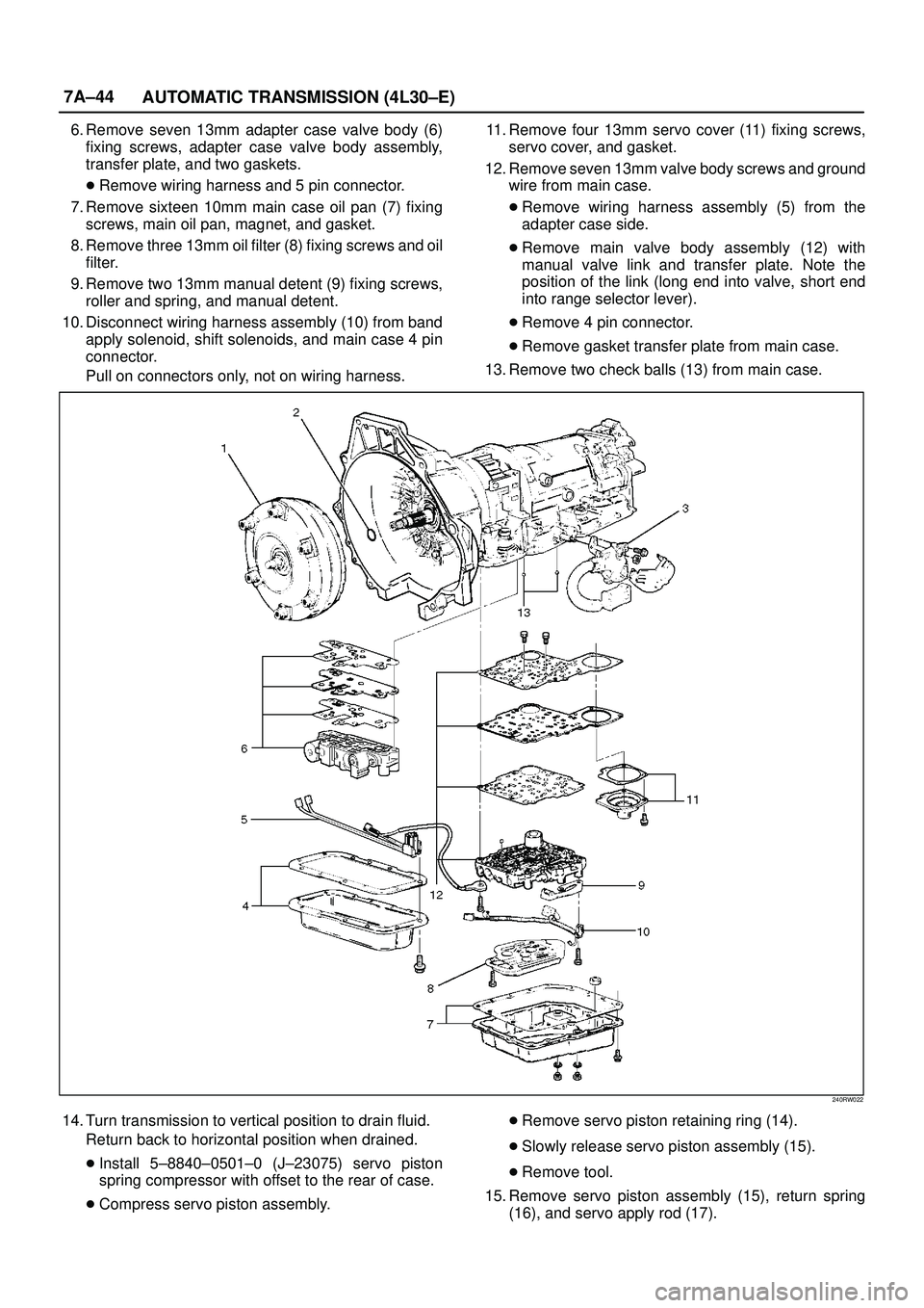 ISUZU TROOPER 1998 Service Repair Manual 7A±44
AUTOMATIC TRANSMISSION (4L30±E)
6. Remove seven 13mm adapter case valve body (6)
fixing screws, adapter case valve body assembly,
transfer plate, and two gaskets.
Remove wiring harness and 5 ISUZU TROOPER 1998 Service Repair Manual 7A±44
AUTOMATIC TRANSMISSION (4L30±E)
6. Remove seven 13mm adapter case valve body (6)
fixing screws, adapter case valve body assembly,
transfer plate, and two gaskets.
Remove wiring harness and 5