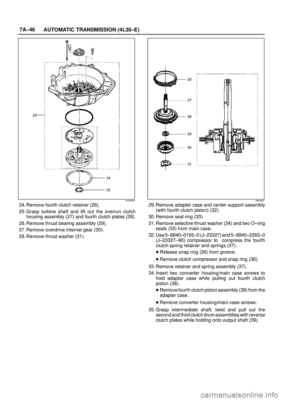ISUZU TROOPER 1998 Service Repair Manual 7A±46
AUTOMATIC TRANSMISSION (4L30±E)
241RW004
24. Remove fourth clutch retainer (26).
25. Grasp turbine shaft and lift out the overrun clutch
housing assembly (27) and fourth clutch plates (28).
26 ISUZU TROOPER 1998 Service Repair Manual 7A±46
AUTOMATIC TRANSMISSION (4L30±E)
241RW004
24. Remove fourth clutch retainer (26).
25. Grasp turbine shaft and lift out the overrun clutch
housing assembly (27) and fourth clutch plates (28).
26