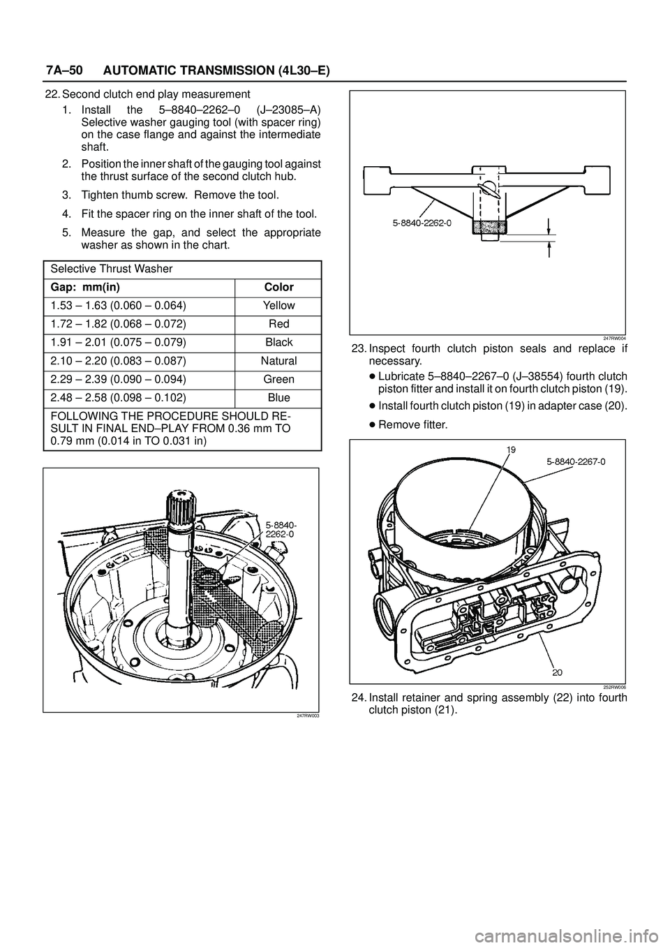ISUZU TROOPER 1998 Service Repair Manual 7A±50
AUTOMATIC TRANSMISSION (4L30±E)
22. Second clutch end play measurement
1. Install the 5±8840±2262±0 (J±23085±A)
Selective washer gauging tool (with spacer ring)
on the case flange and aga ISUZU TROOPER 1998 Service Repair Manual 7A±50
AUTOMATIC TRANSMISSION (4L30±E)
22. Second clutch end play measurement
1. Install the 5±8840±2262±0 (J±23085±A)
Selective washer gauging tool (with spacer ring)
on the case flange and aga