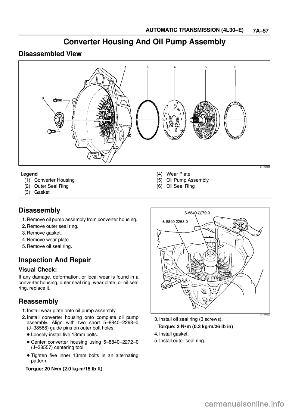 ISUZU TROOPER 1998 Service Repair Manual 7A±57 AUTOMATIC TRANSMISSION (4L30±E)
Converter Housing And Oil Pump Assembly
Disassembled View
241RW003
Legend
(1) Converter Housing
(2) Outer Seal Ring
(3) Gasket(4) Wear Plate
(5) Oil Pump Assemb ISUZU TROOPER 1998 Service Repair Manual 7A±57 AUTOMATIC TRANSMISSION (4L30±E)
Converter Housing And Oil Pump Assembly
Disassembled View
241RW003
Legend
(1) Converter Housing
(2) Outer Seal Ring
(3) Gasket(4) Wear Plate
(5) Oil Pump Assemb
