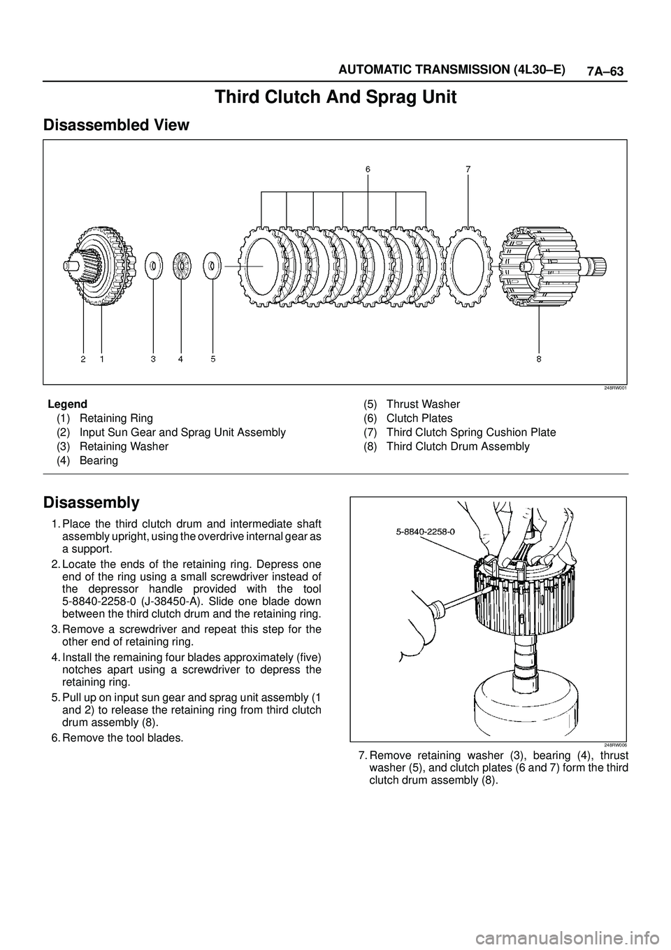 ISUZU TROOPER 1998 Service Repair Manual 7A±63 AUTOMATIC TRANSMISSION (4L30±E)
Third Clutch And Sprag Unit
Disassembled View
248RW001
Legend
(1) Retaining Ring
(2) Input Sun Gear and Sprag Unit Assembly
(3) Retaining Washer
(4) Bearing(5) ISUZU TROOPER 1998 Service Repair Manual 7A±63 AUTOMATIC TRANSMISSION (4L30±E)
Third Clutch And Sprag Unit
Disassembled View
248RW001
Legend
(1) Retaining Ring
(2) Input Sun Gear and Sprag Unit Assembly
(3) Retaining Washer
(4) Bearing(5)