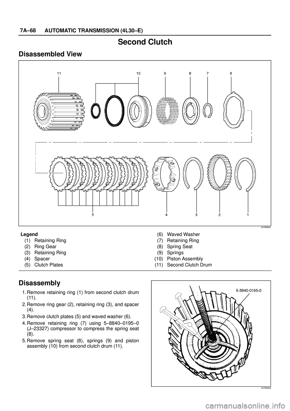 ISUZU TROOPER 1998  Service Repair Manual 7A±68
AUTOMATIC TRANSMISSION (4L30±E)
Second Clutch
Disassembled View
247RW001
Legend
(1) Retaining Ring
(2) Ring Gear
(3) Retaining Ring
(4) Spacer
(5) Clutch Plates(6) Waved Washer
(7) Retaining R