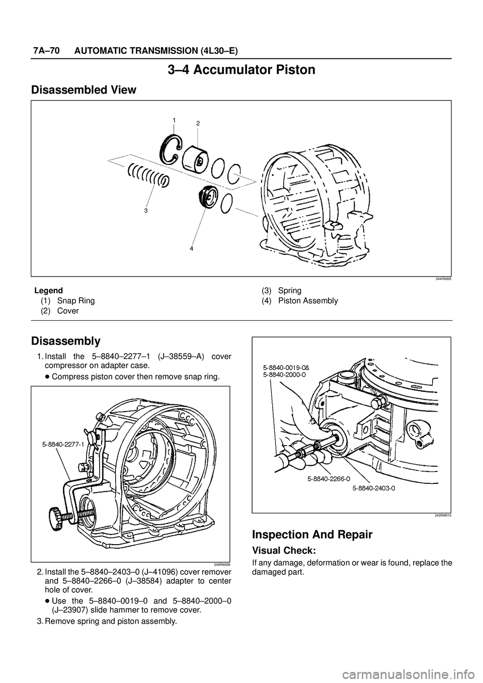 ISUZU TROOPER 1998  Service Repair Manual 7A±70
AUTOMATIC TRANSMISSION (4L30±E)
3±4 Accumulator Piston
Disassembled View
244RS005
Legend
(1) Snap Ring
(2) Cover(3) Spring
(4) Piston Assembly
Disassembly
1. Install the 5±8840±2277±1 (J±