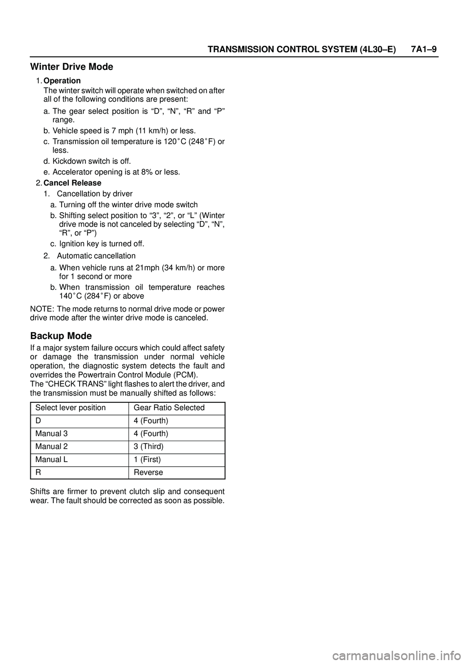 ISUZU TROOPER 1998 Service Repair Manual TRANSMISSION CONTROL SYSTEM (4L30±E)7A1±9
Winter Drive Mode
1.Operation
The winter switch will operate when switched on after
all of the following conditions are present:
a. The gear select position ISUZU TROOPER 1998 Service Repair Manual TRANSMISSION CONTROL SYSTEM (4L30±E)7A1±9
Winter Drive Mode
1.Operation
The winter switch will operate when switched on after
all of the following conditions are present:
a. The gear select position