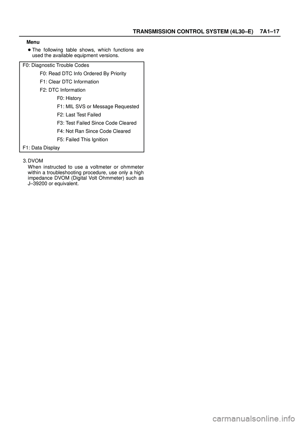 ISUZU TROOPER 1998  Service Repair Manual TRANSMISSION CONTROL SYSTEM (4L30±E)7A1±17
Menu
The following table shows, which functions are
used the available equipment versions.
F0: Diagnostic Trouble Codes
F0: Read DTC Info Ordered By Prior