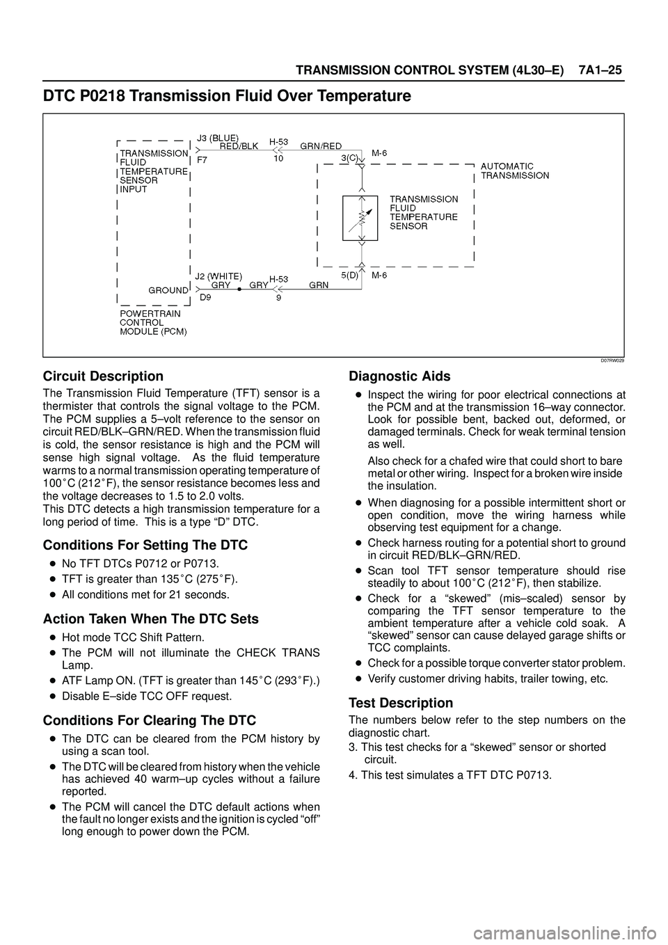 ISUZU TROOPER 1998 Service Repair Manual TRANSMISSION CONTROL SYSTEM (4L30±E)7A1±25
DTC P0218 Transmission Fluid Over Temperature
D07RW029
Circuit Description
The Transmission Fluid Temperature (TFT) sensor is a
thermister that controls th ISUZU TROOPER 1998 Service Repair Manual TRANSMISSION CONTROL SYSTEM (4L30±E)7A1±25
DTC P0218 Transmission Fluid Over Temperature
D07RW029
Circuit Description
The Transmission Fluid Temperature (TFT) sensor is a
thermister that controls th