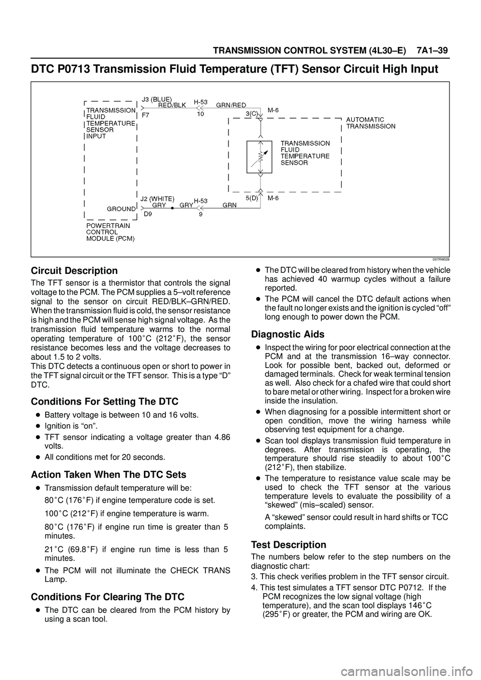 ISUZU TROOPER 1998  Service Repair Manual TRANSMISSION CONTROL SYSTEM (4L30±E)7A1±39
DTC P0713 Transmission Fluid Temperature (TFT) Sensor Circuit High Input
D07RW029
Circuit Description
The TFT sensor is a thermistor that controls the sign
