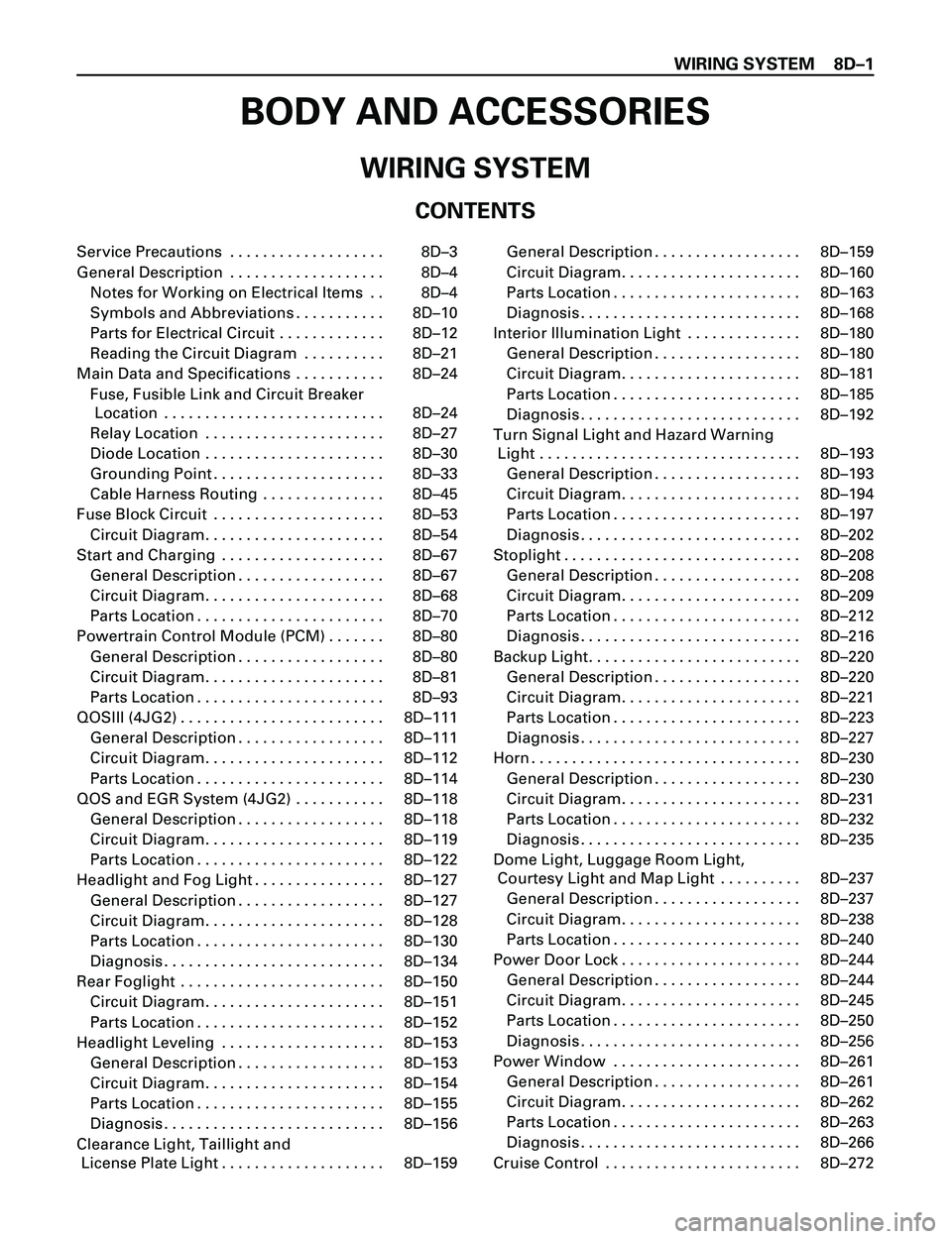 ISUZU TROOPER 1998  Service Repair Manual WIRING SYSTEM 8DÐ1
BODY AND ACCESSORIES
WIRING SYSTEM
CONTENTS
Service Precautions  . . . . . . . . . . . . . . . . . . .  8DÐ3 
General Description  . . . . . . . . . . . . . . . . . . .  8DÐ4Note