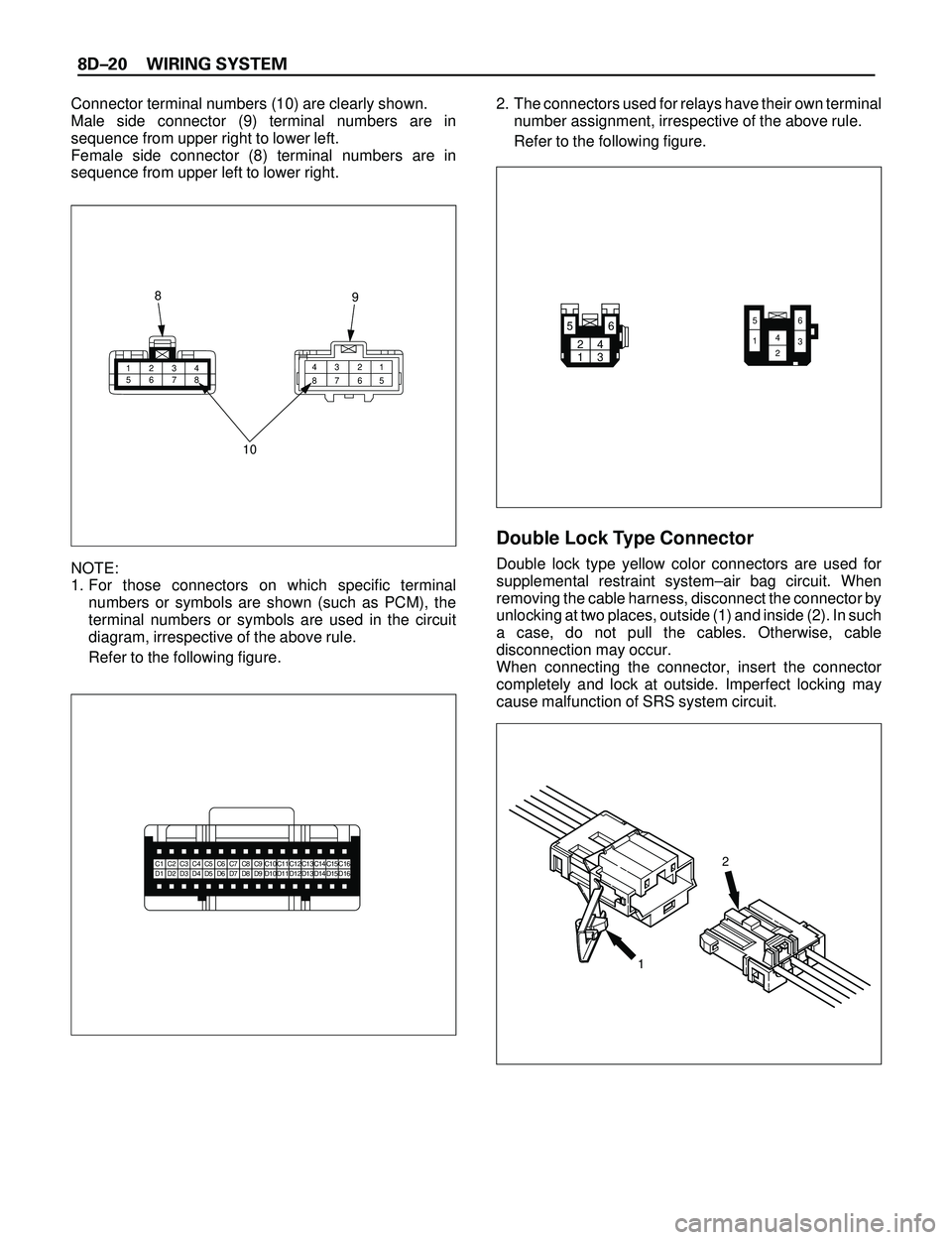 ISUZU TROOPER 1998 Service Repair Manual 8DÐ20 WIRING SYSTEM
Connector terminal numbers (10) are clearly shown.
Male side connector (9) terminal numbers are in
sequence from upper right to lower left.
Female side connector (8) terminal numb ISUZU TROOPER 1998 Service Repair Manual 8DÐ20 WIRING SYSTEM
Connector terminal numbers (10) are clearly shown.
Male side connector (9) terminal numbers are in
sequence from upper right to lower left.
Female side connector (8) terminal numb