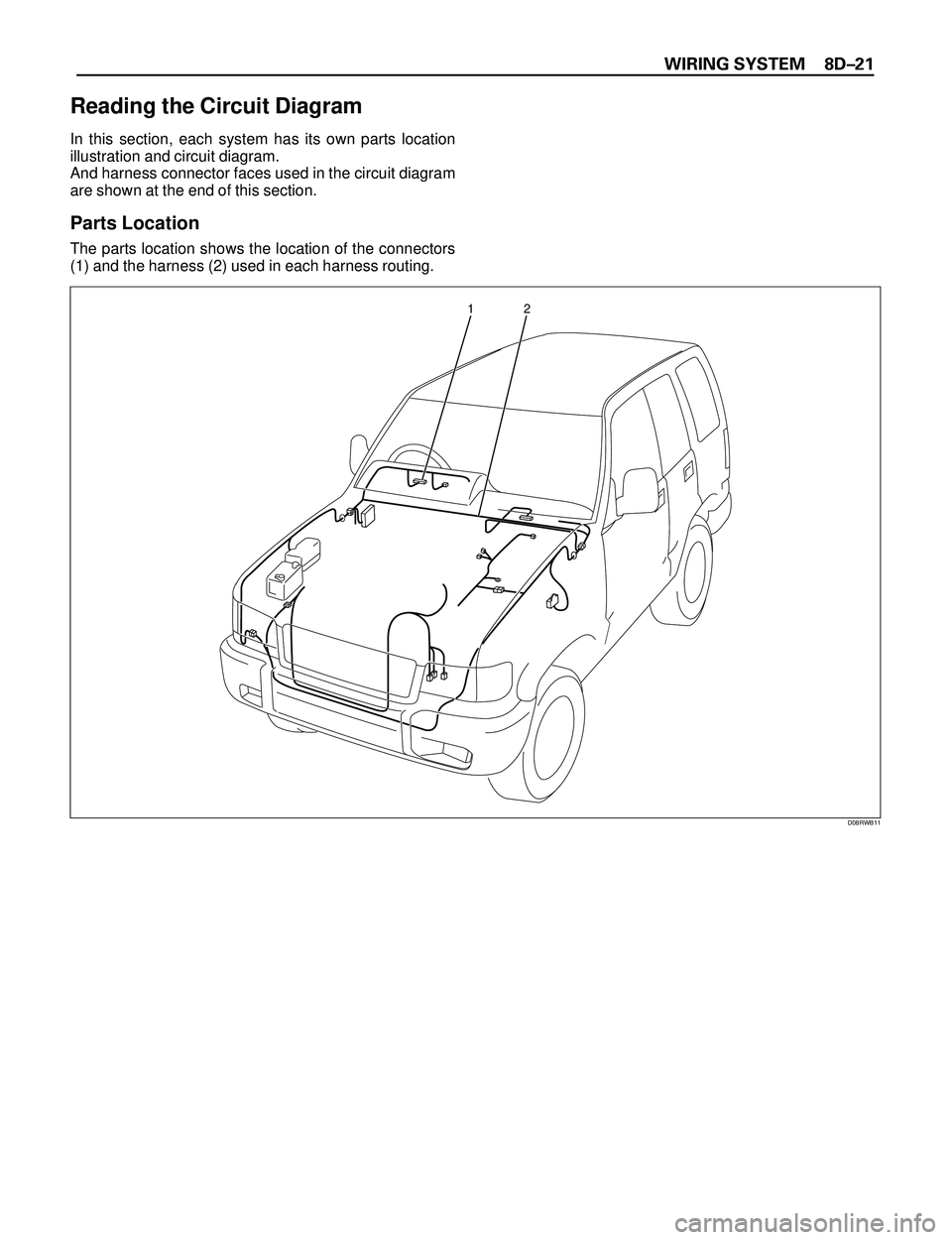 ISUZU TROOPER 1998  Service Repair Manual WIRING SYSTEM 8DÐ21
Reading the Circuit Diagram
In this section, each system has its own parts location
illustration and circuit diagram. 
And harness connector faces used in the circuit diagram
are 