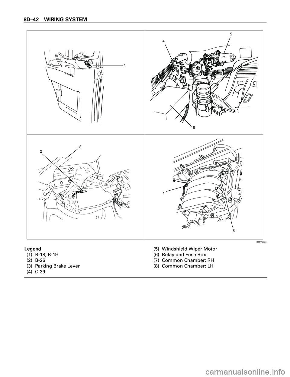 ISUZU TROOPER 1998  Service Repair Manual 8DÐ42 WIRING SYSTEM
145
6
7
8 23
D08RWA24
Legend
(1) B-18, B-19
(2) B-26
(3) Parking Brake Lever
(4) C-39(5) Windshield Wiper Motor
(6) Relay and Fuse Box
(7) Common Chamber: RH
(8) Common Chamber: L