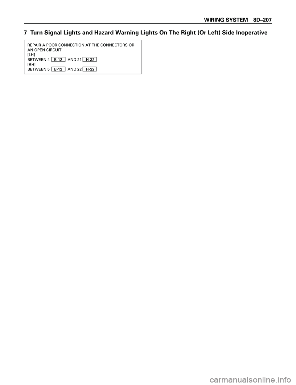 ISUZU TROOPER 1998  Service Repair Manual WIRING SYSTEM 8DÐ207
7  Turn Signal Lights and Hazard Warning Lights On The Right (Or Left) Side Inoperative
REPAIR A POOR CONNECTION AT THE CONNECTORS OR
AN OPEN CIRCUIT
[LH]
BETWEEN 4    B-12     A
