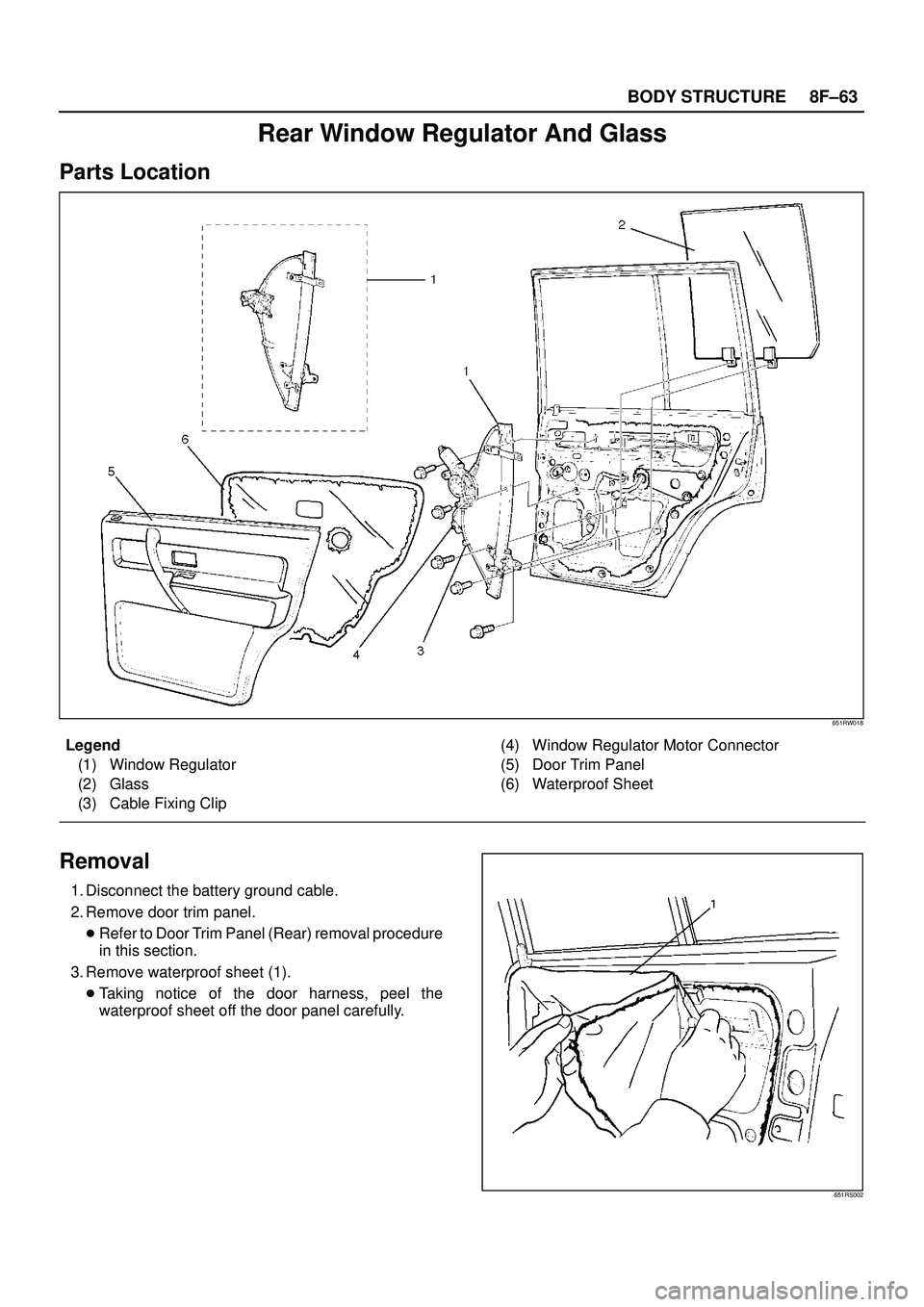 ISUZU TROOPER 1998  Service Repair Manual 8F±63 BODY STRUCTURE
Rear Window Regulator And Glass
Parts Location
651RW018
Legend
(1) Window Regulator
(2) Glass
(3) Cable Fixing Clip(4) Window Regulator Motor Connector
(5) Door Trim Panel
(6) Wa