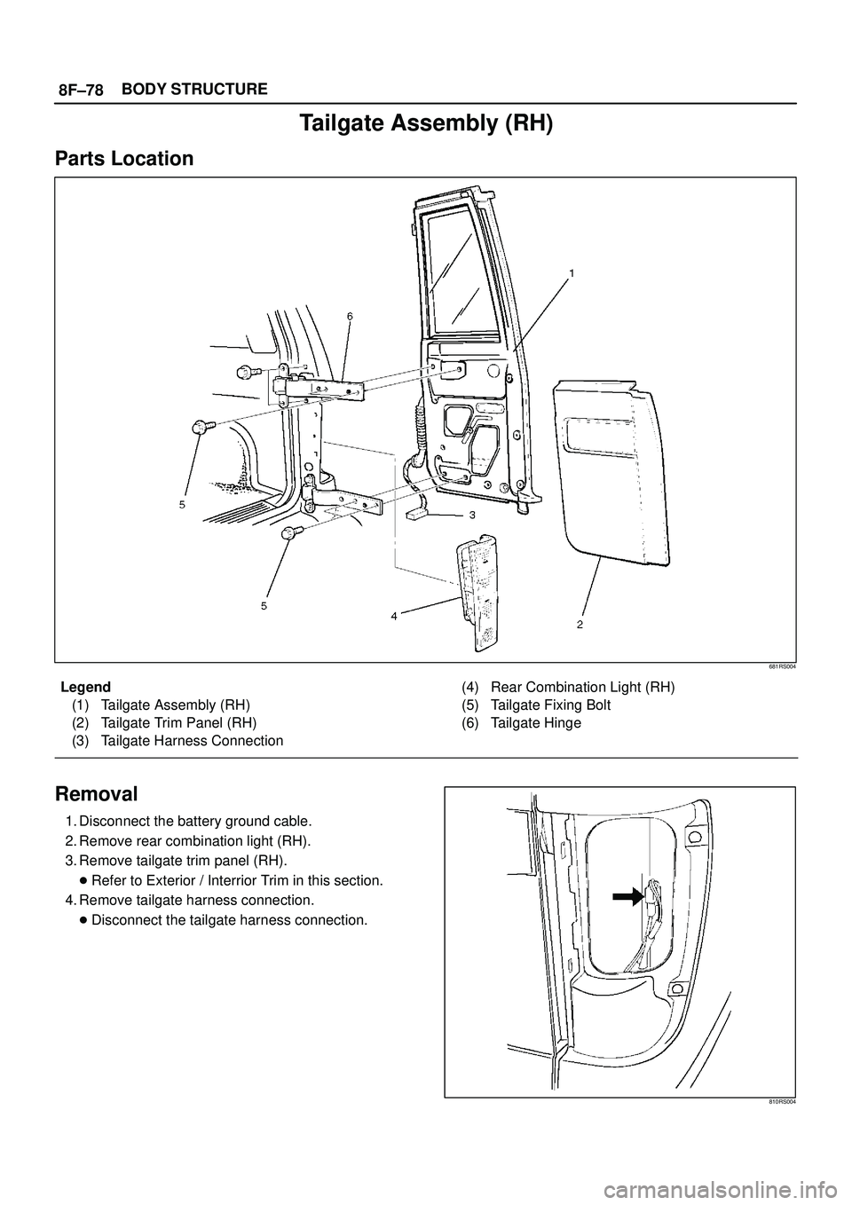 ISUZU TROOPER 1998  Service Repair Manual 8F±78BODY STRUCTURE
Tailgate Assembly (RH)
Parts Location
681RS004
Legend
(1) Tailgate Assembly (RH)
(2) Tailgate Trim Panel (RH)
(3) Tailgate Harness Connection(4) Rear Combination Light (RH)
(5) Ta